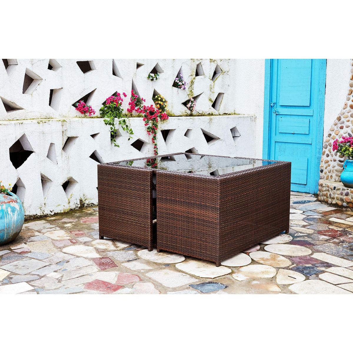 CONCEPT USINE Salon de jardin encastrable 8 places en résine marron- blanc NOUMÉA