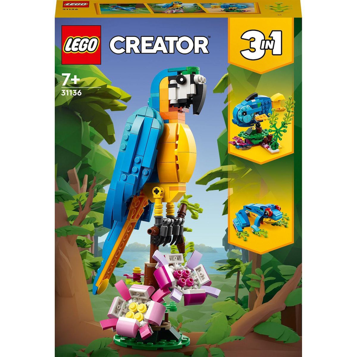 LEGO Creator  31136 - Le perroquet exotique, Jouet de Construction, Figurines Animaux de la Jungle, avec Grenouille et Poisson