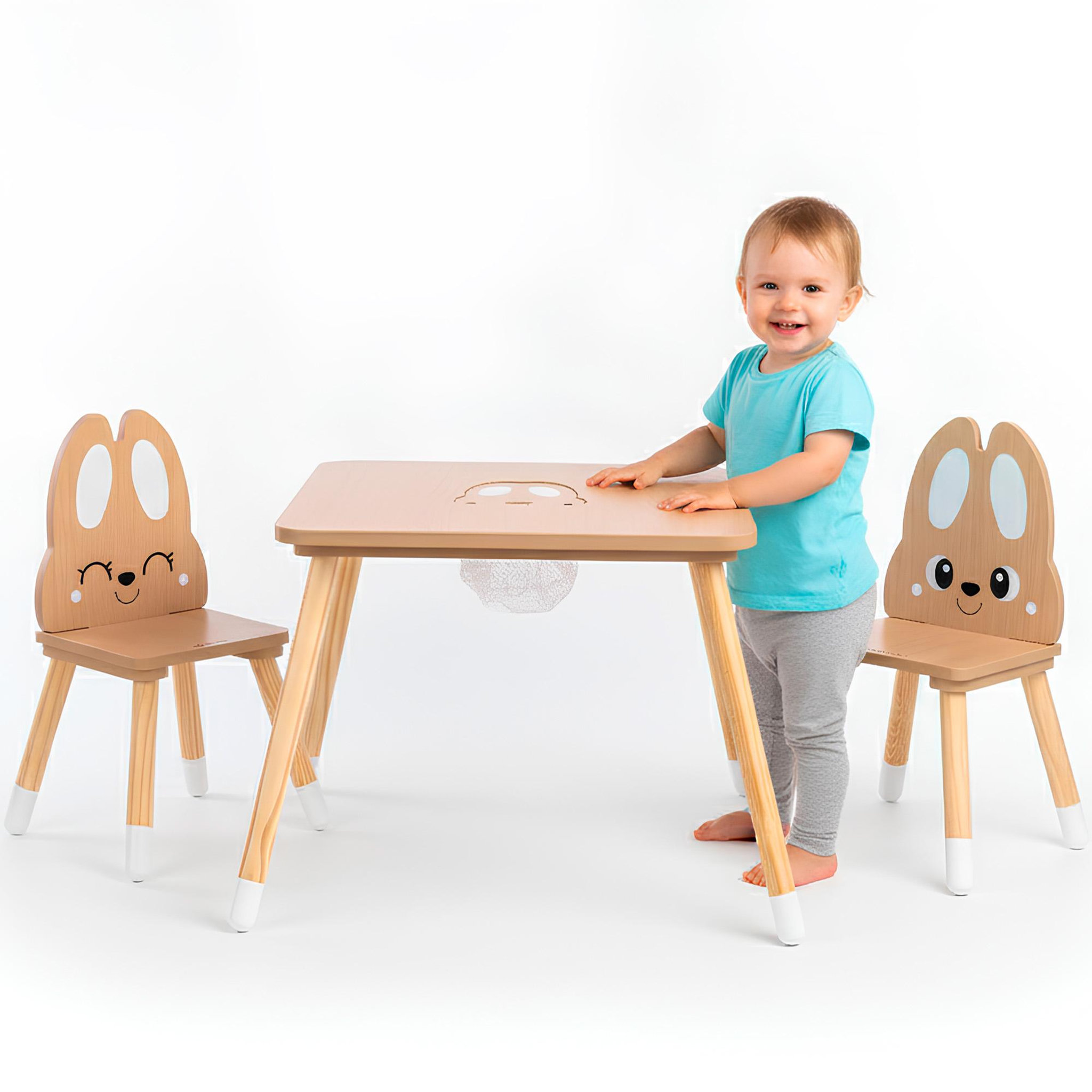 MAMABRUM Table Enfant Bois avec Rangement + 2 Chaises Lapin – Bureau Enfant avec Coffre Jouets