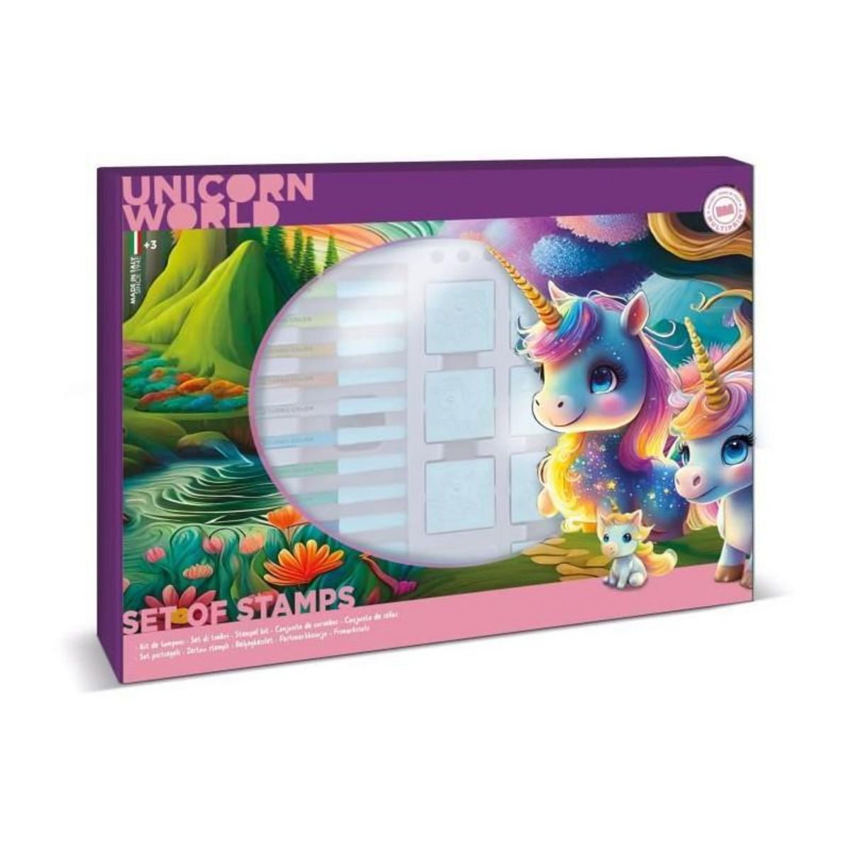 Multiprint Coffret de tampons - MULTIPRINT - 4978 - Licornes - 7 tampons bois et latex, 12 feutres Giotto, regle, album coloriage