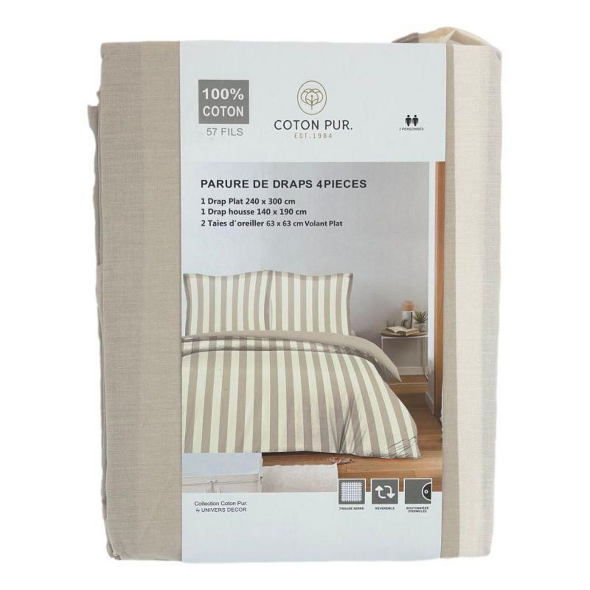 COTON PUR Parure de draps 4 pièces pour lit 140 x 190 cm Deauville beige