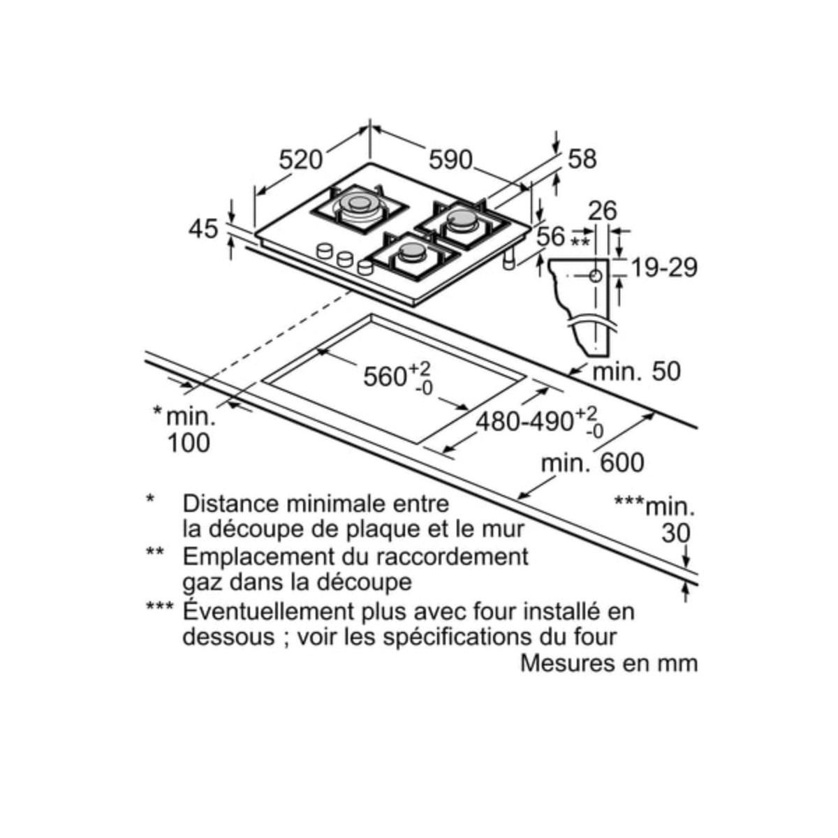 Siemens Table de cuisson gaz 60cm 3 feux 8000w - EP6A6CI10