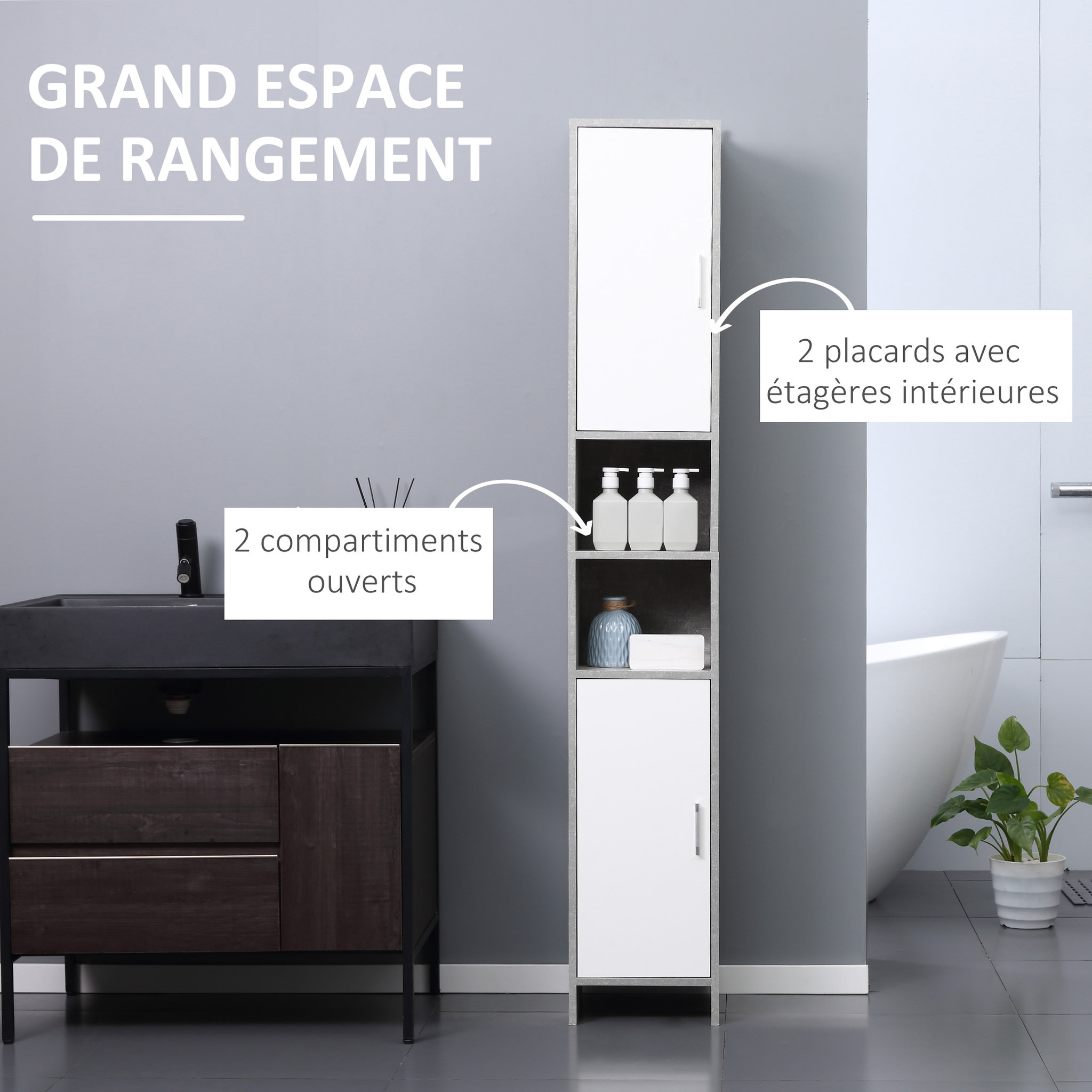 Voir la diapositive 4 : KLEANKIN Meuble colonne rangement salle de bain dim. 30L x 30l x 180H cm 2 placards avec étagère + 2 niches panneaux particules aspect ciment blanc