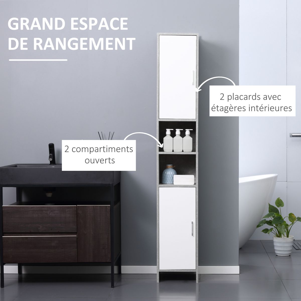 KLEANKIN Meuble colonne rangement salle de bain dim. 30L x 30l x 180H cm 2 placards avec étagère + 2 niches panneaux particules aspect ciment blanc