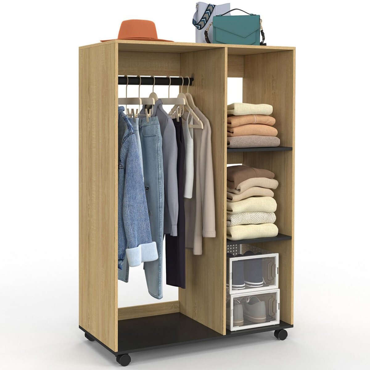 ID MARKET Dressing penderie RACHEL 80 x 40 x 120 cm à roulettes hêtre et noir