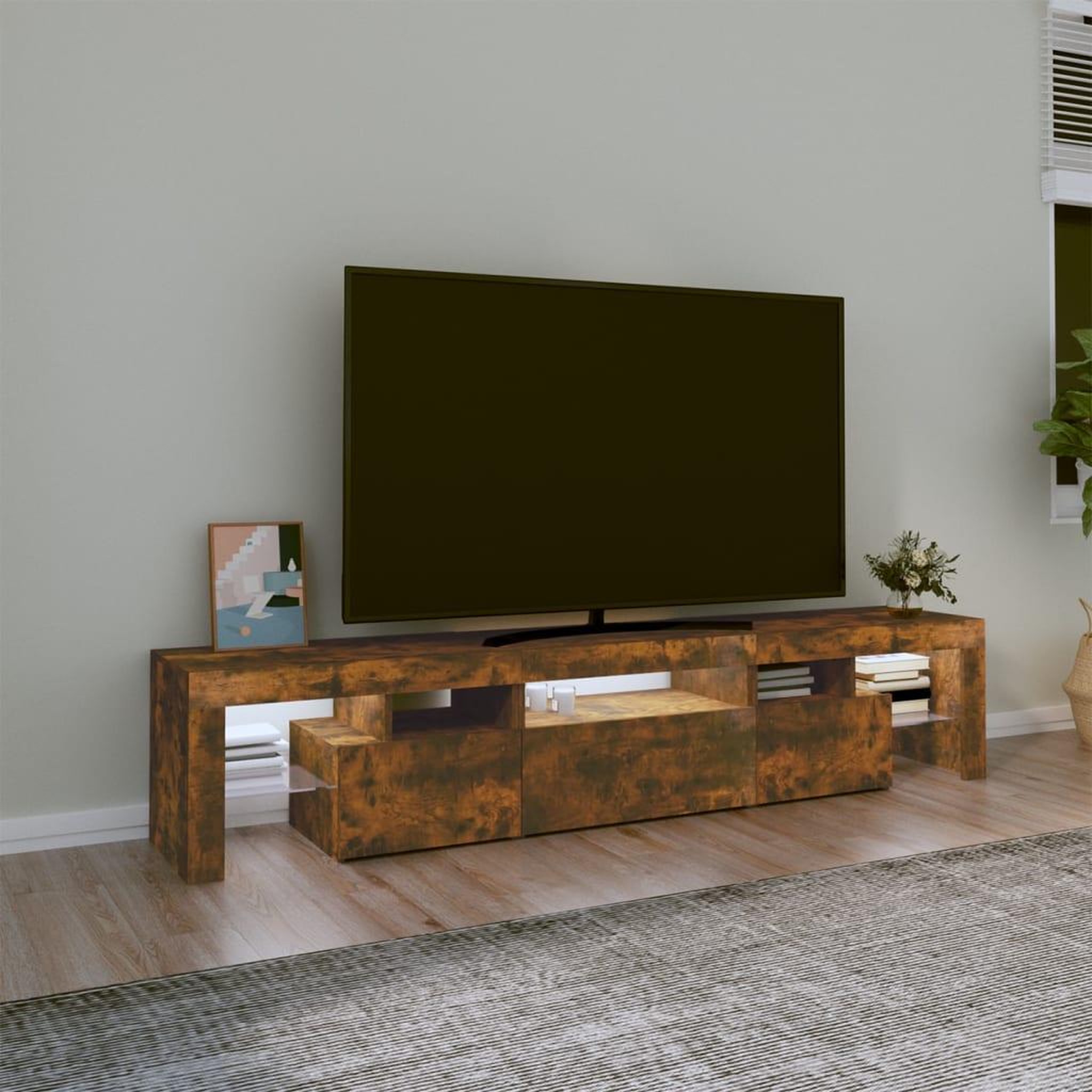 Voir la diapositive 3 : VIDAXL Meuble TV avec lumieres LED Chene fume 200x36,5x40 cm