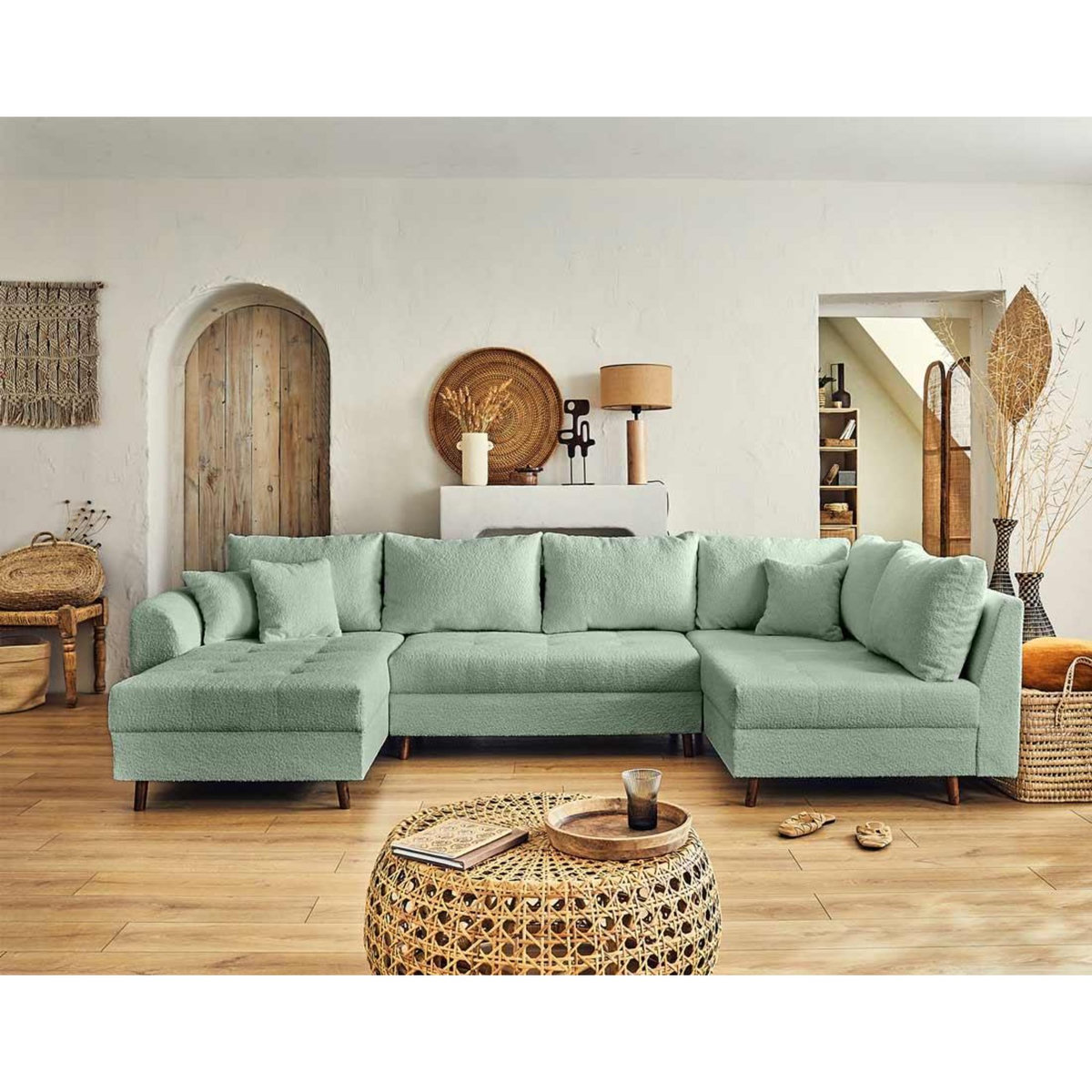 LISA DESIGN Rune - canapé panoramique d'angle gauche - 7 places - en tissu bouclette