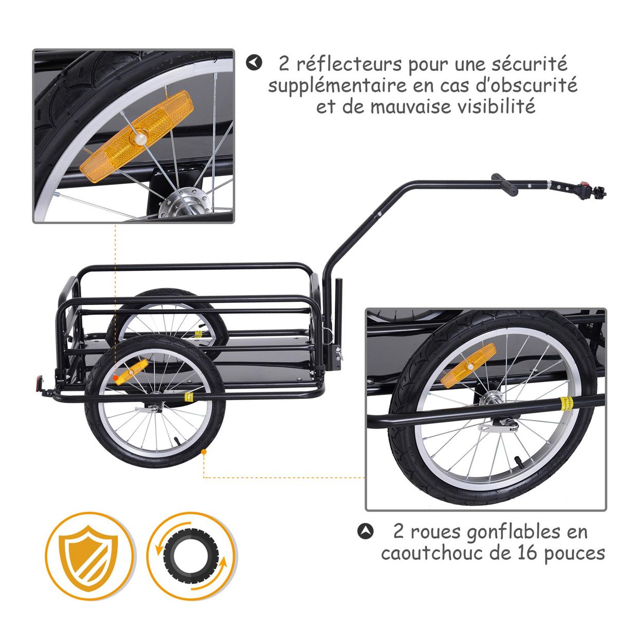 HOMCOM Remorque vélo remorque de transport pour vélo 155L x 71,5l x 77H cm barre d'attelage universelle pliable acier noir