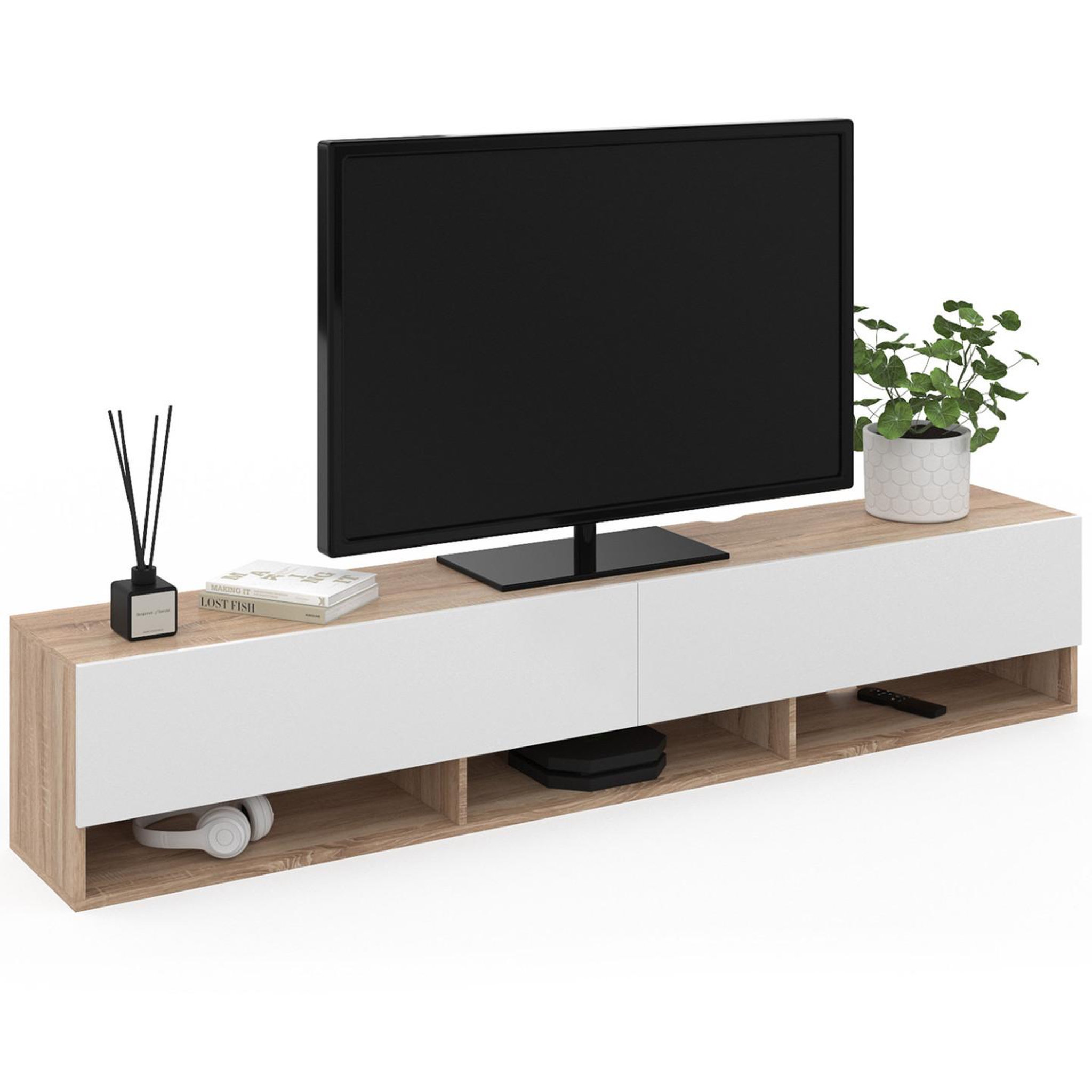 ID MARKET Meuble tv 180 cm suspendu elio 2 portes avec étagère bois et blanc