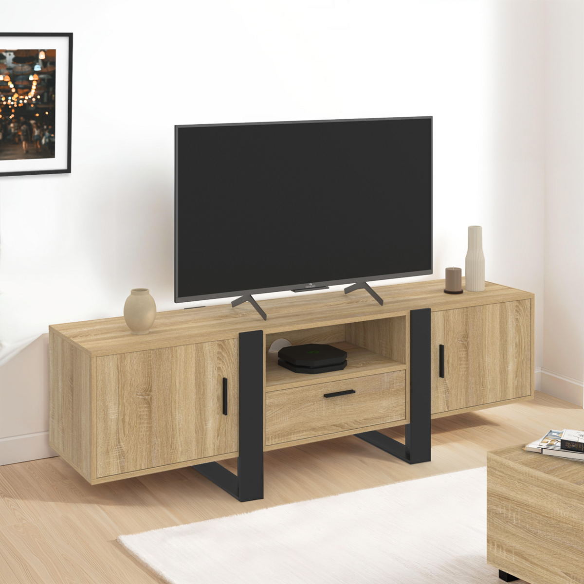 ID MARKET Meuble TV 160 cm PHOENIX 3 portes bois et noir