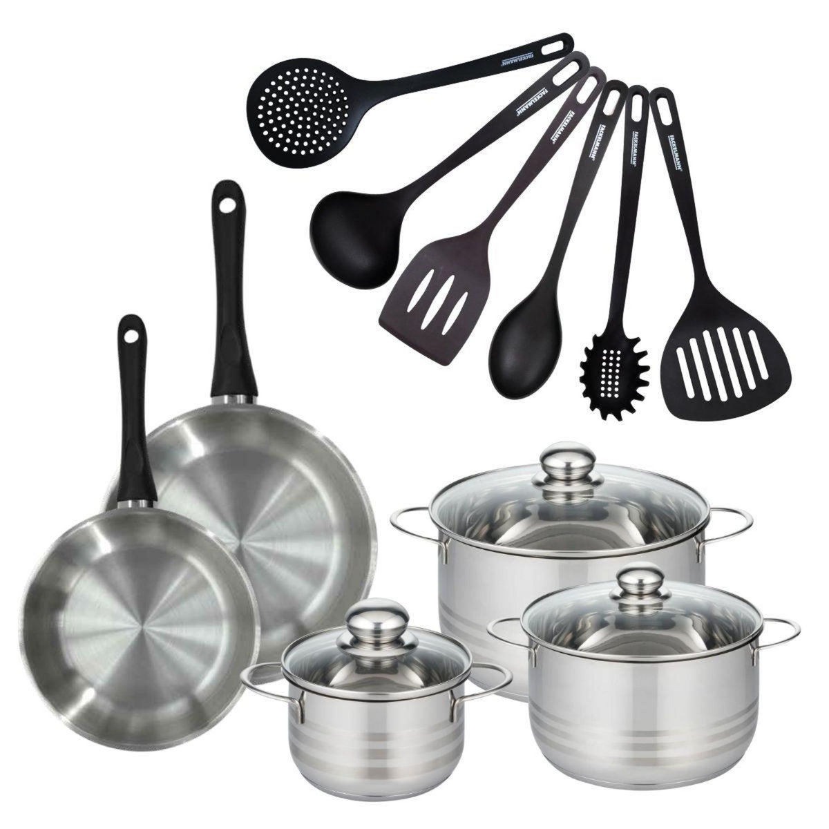 Fackelmann Set de 2 poêles 20 et 24 cm en inox, 3 faitouts inox 16, 20 et 24 cm et 6 ustensiles RPET Fackelmann Geneva