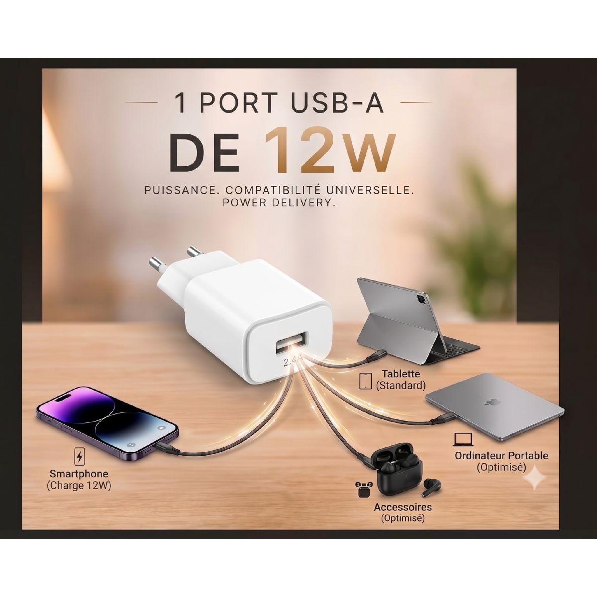 Voir la diapositive 4 : ESSENTIEL B Chargeur 12w usb-a blanc compatible iphone 17 16 15 pro max et samsung galaxy