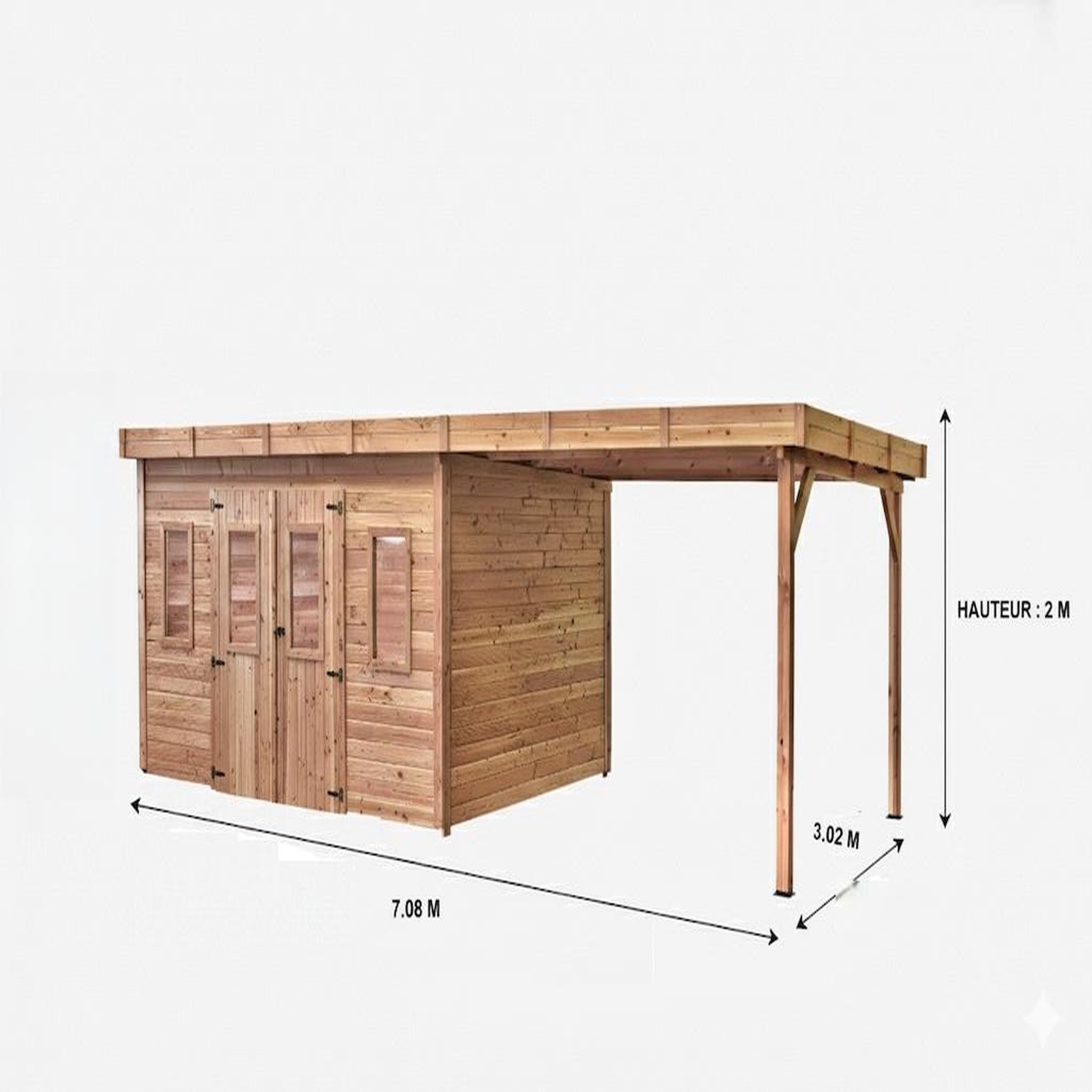 CENTRALE BRICO Abri de jardin bois massif avec bûcher 10,25 m² - madriers 28 mm - toit plat polycarbonate - double porte vitrée