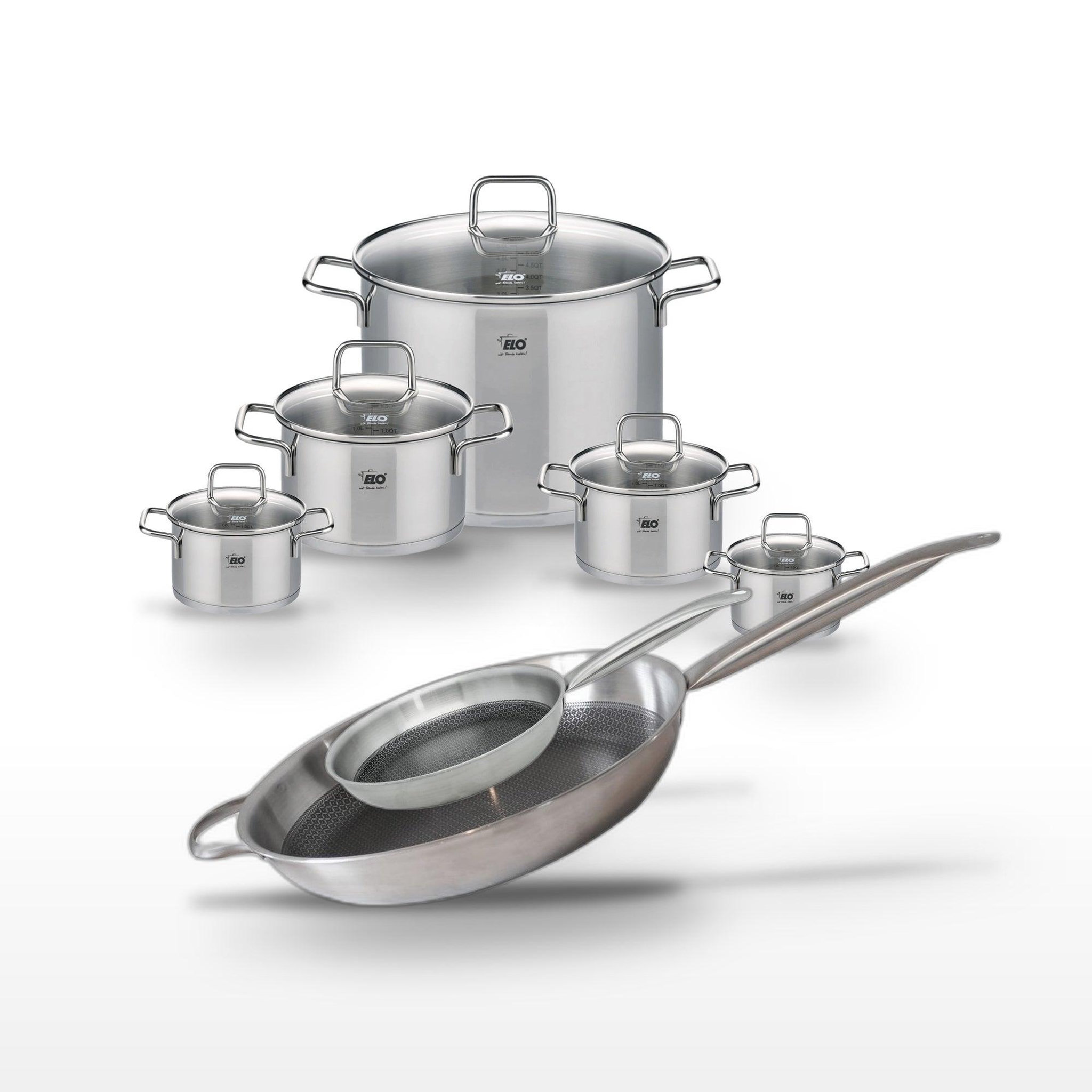 ELO Batterie de cuisine ensemble de cuisson avec faitouts et poêles en inox elo collection relief solution citrin