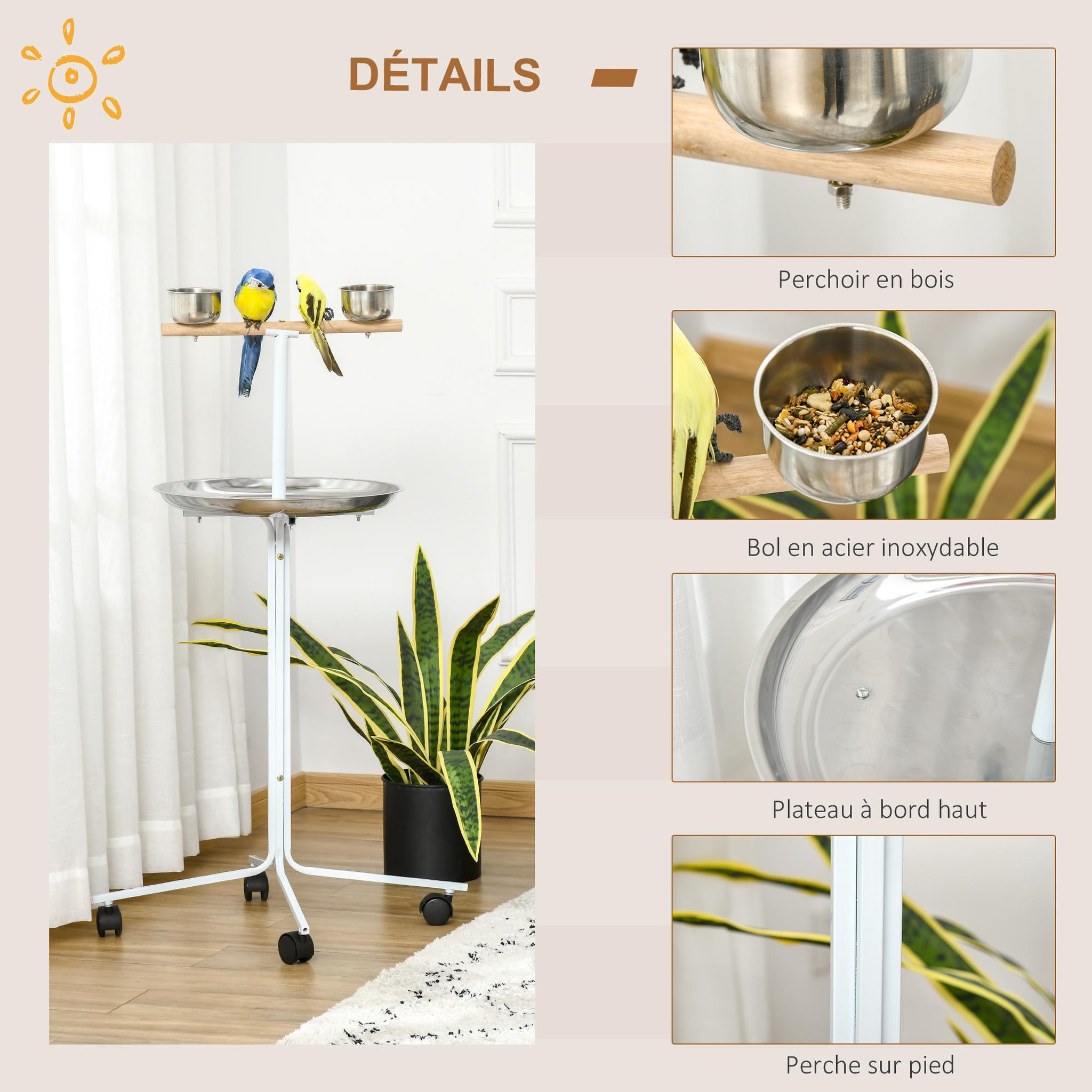 Voir la diapositive 4 : PAWHUT Perchoir sur pied pour perroquets, grandes perruches - 4 roulettes - 2 mangeoires et plateau inox, perchoir - métal blanc