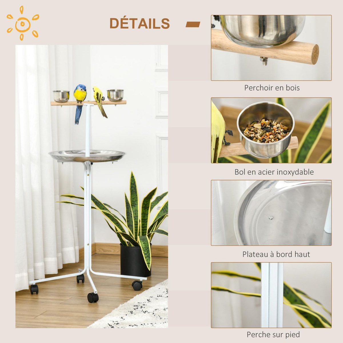 PAWHUT Perchoir sur pied pour perroquets, grandes perruches - 4 roulettes - 2 mangeoires et plateau inox, perchoir - métal blanc