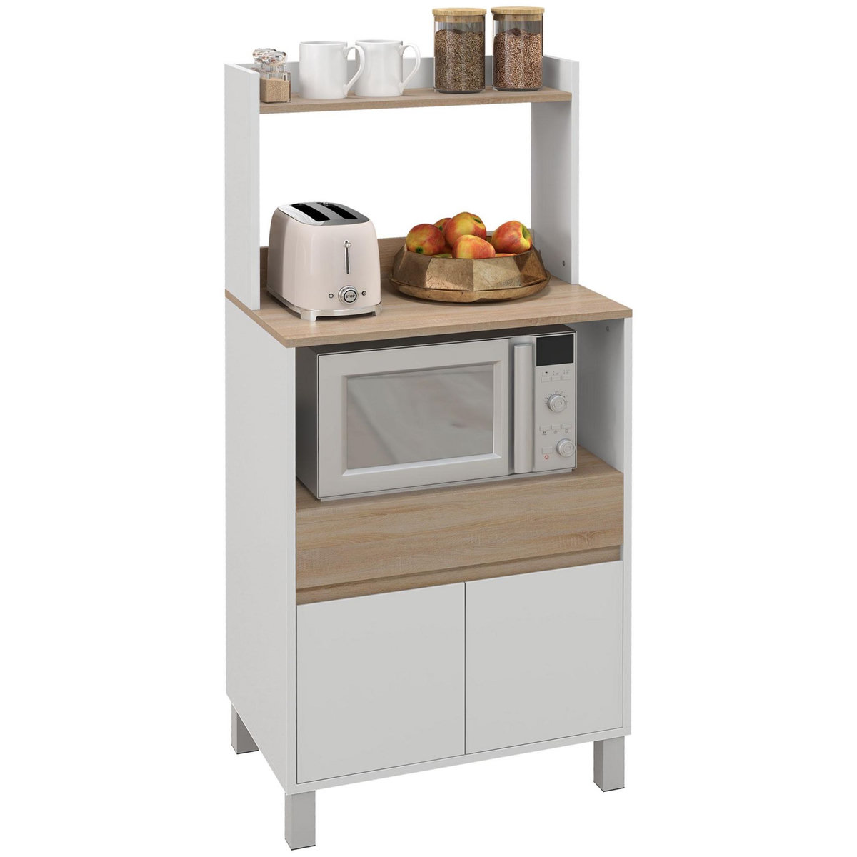 HOMCOM Meuble de rangement desserte de cuisine pour micro-ondes avec placard tiroir étagère supérieur 60 x 40 x 131 cm naturel et blanc