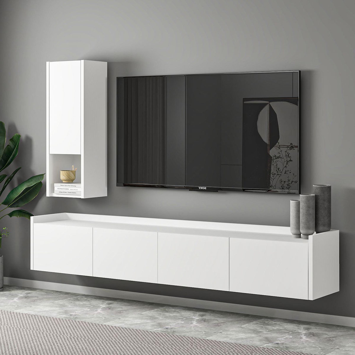 Habitat et Jardin Meuble TV avec étagère murale en bois  Sema  - 160 x 30 x 35 cm - Blanc