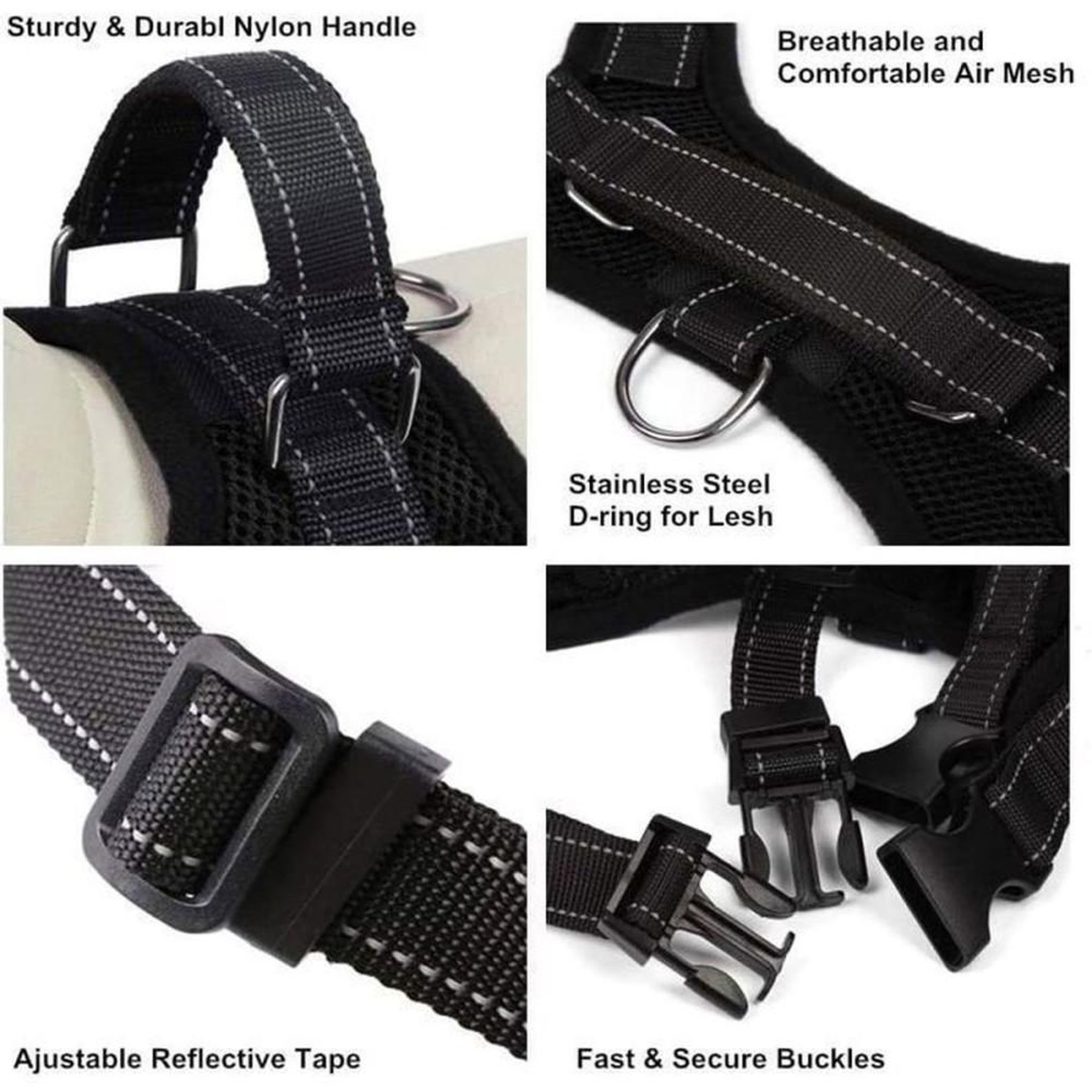 Voir la diapositive 4 : Harnais pour chien XL noir en tissu Oxford avec attache avant anti-traction, poignée de contrôle et coutures réfléchissantes
