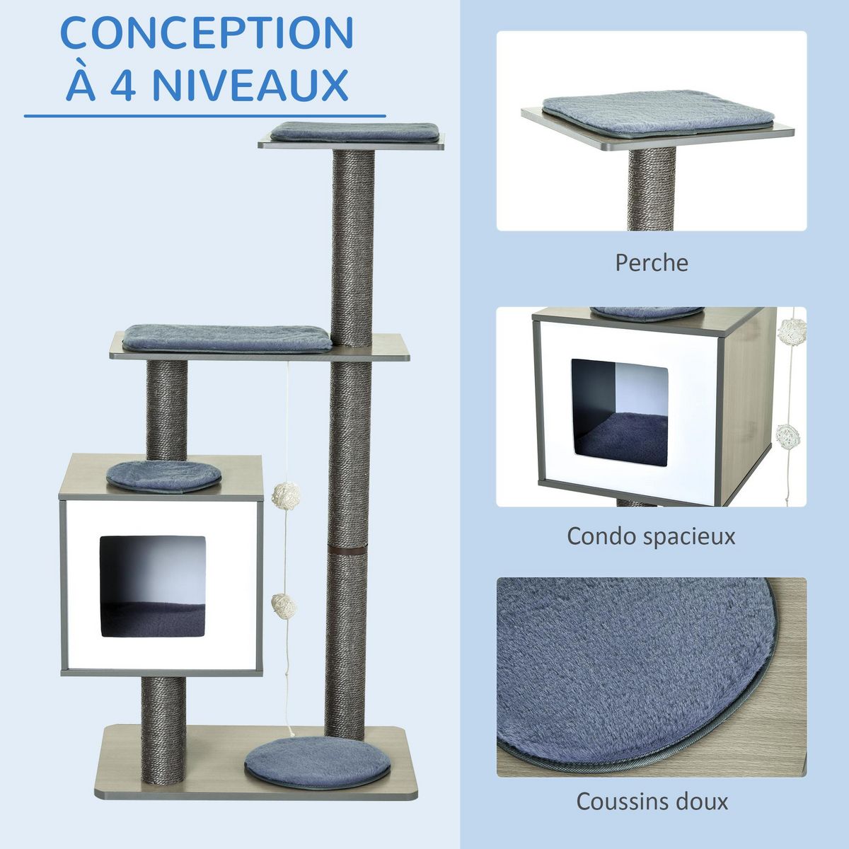 PAWHUT Arbre à chats design contemporain griffoirs grattoirs sisal naturel centre d'activités niche plate-formes jeu boules suspendues 71L x 49l x 120H cm MDF hêtre gris
