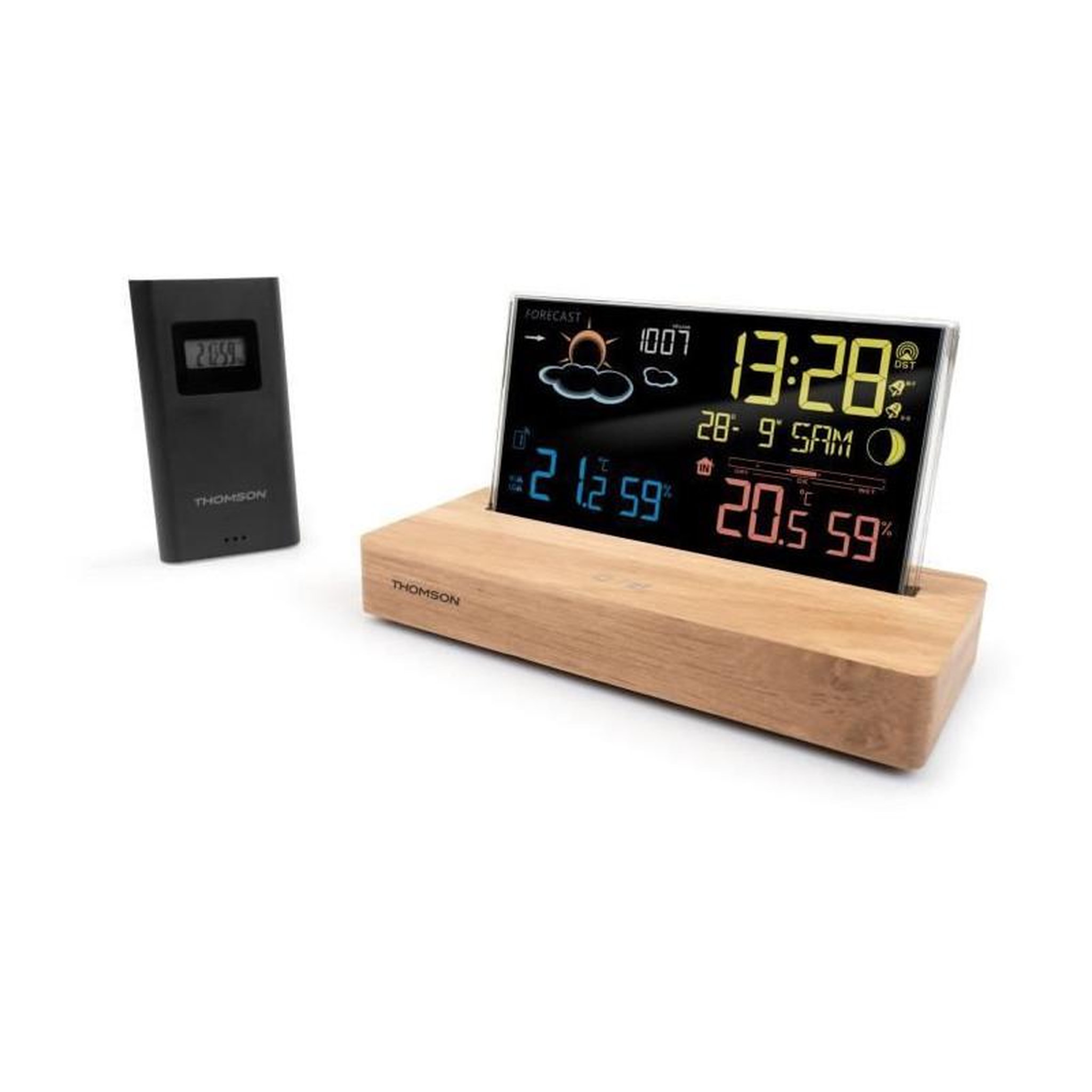 Voir la diapositive 3 : THOMSON Station météo thomson ct610 alarme double avec snooze, affichage 12/24h, température intérieure, hygrométrie, prévisions et phases de la lune, écran rétroéclairé 4 niveaux, bois foncé, sonde sans fil