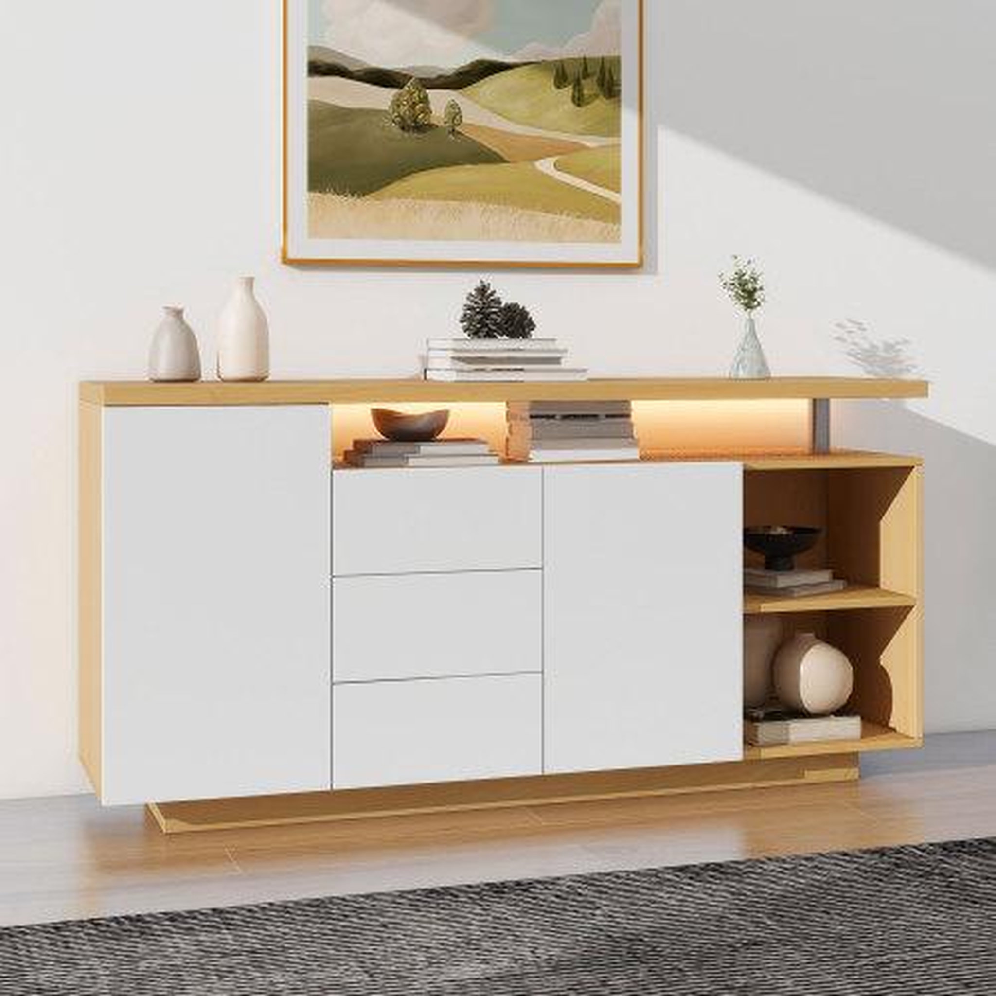 Voir la diapositive 5 : MERAX Buffet 2 porte(s) 3 tiroir(s) - 140 cm naturel+blanc led panneau de particules