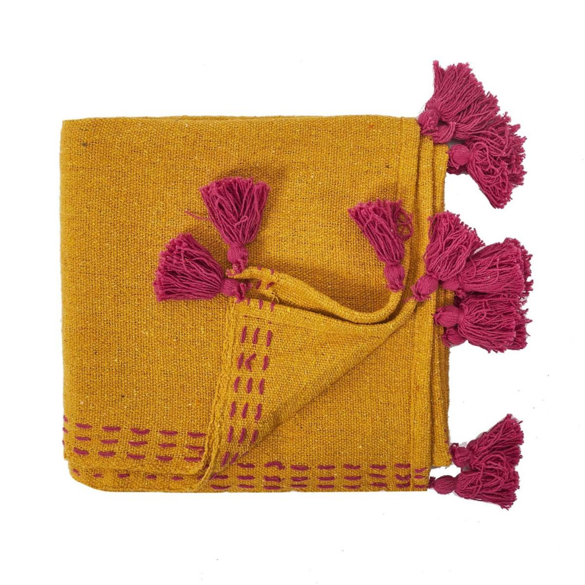 Voir la diapositive 2 : The Home Deco Factory Jeté de canapé coton  pompons  130x150cm ocre