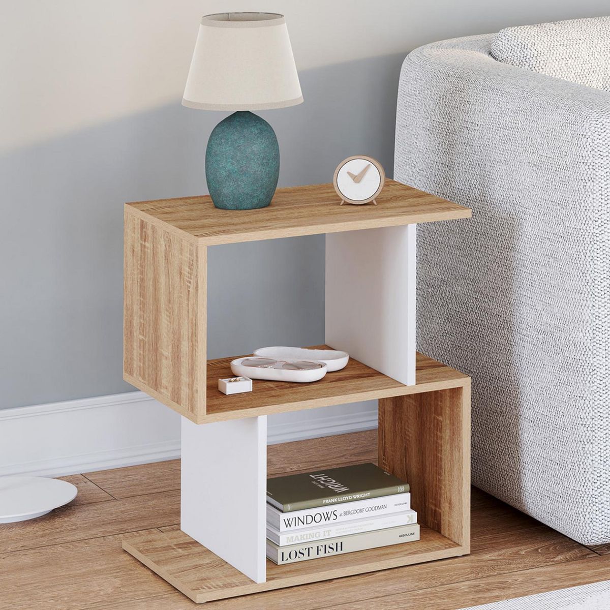 ID MARKET Lot de 2 tables de chevet SOFIA forme S avec rangements ouverts effet hêtre et blanc