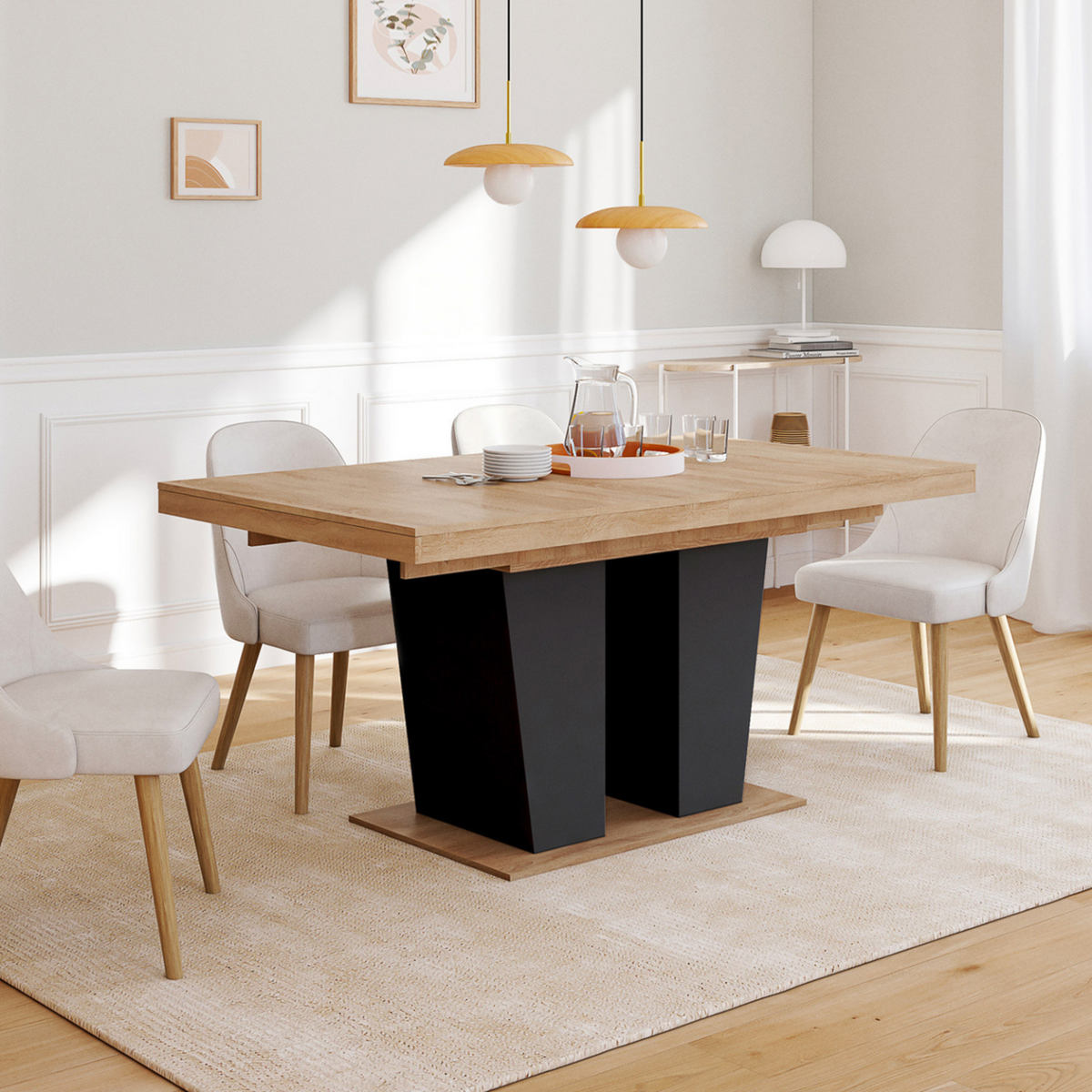 ID MARKET Table à manger extensible rectangle ELIAD 6-10 personnes bois et noir 160-200 cm