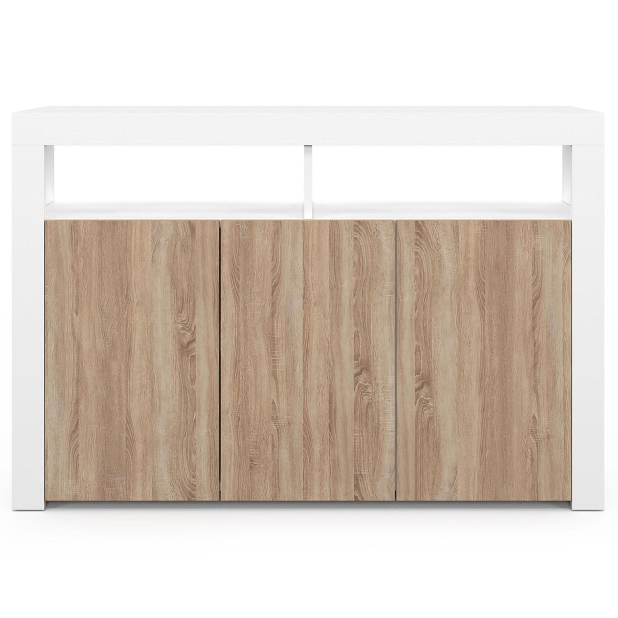 Voir la diapositive 3 : ID MARKET Buffet 110 cm elight 3 portes avec led et niches blanc et bois façon hêtre