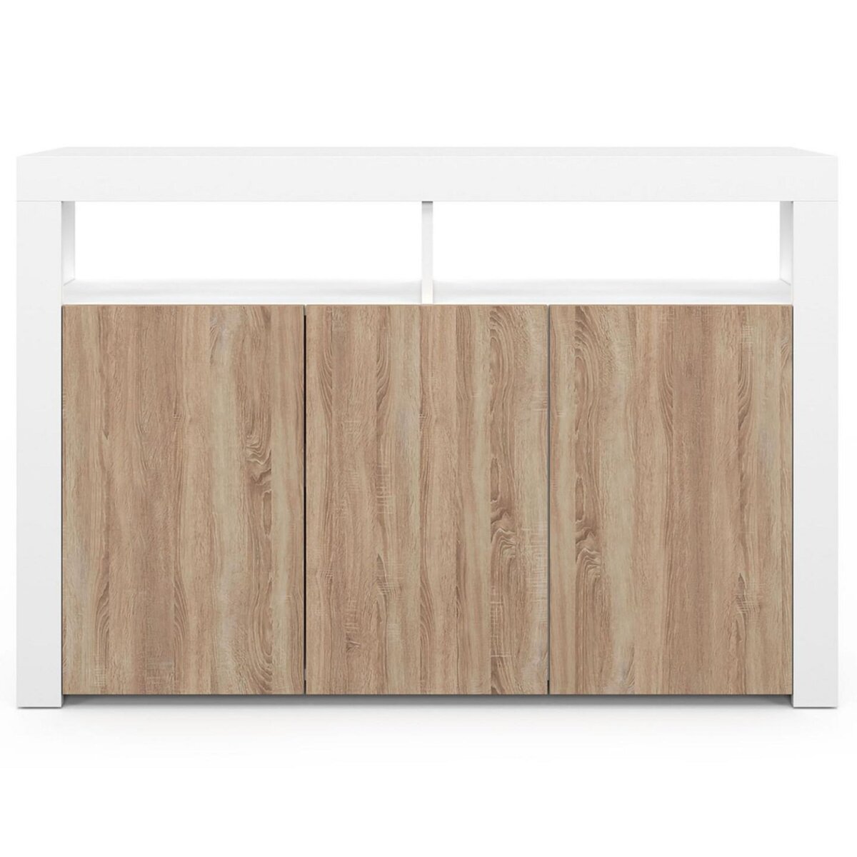 ID MARKET Buffet 110 cm ELIGHT 3 portes avec LED et niches blanc et bois façon hêtre