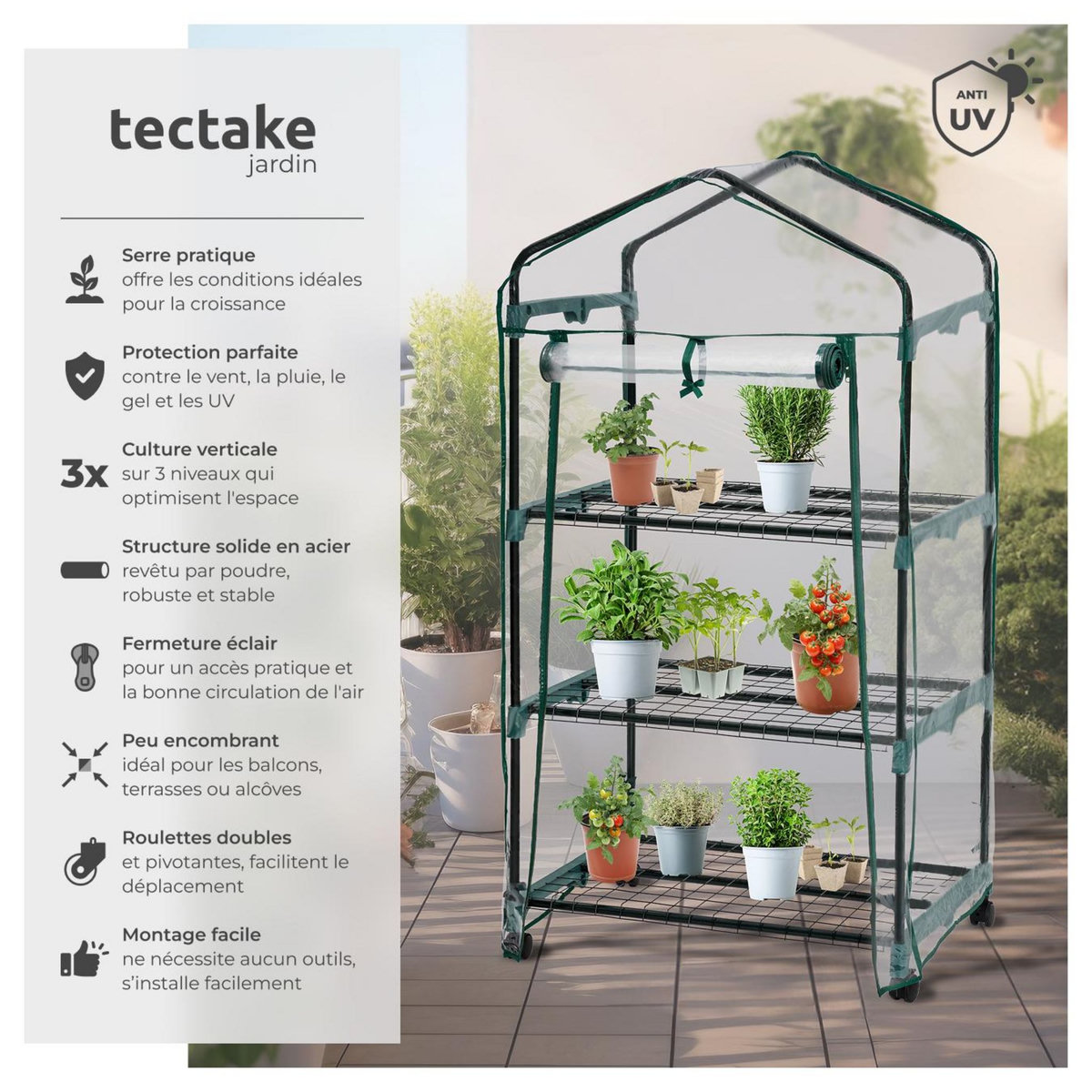 tectake Serre de balcon 0,36 m³ sur roulettes blanc transparent