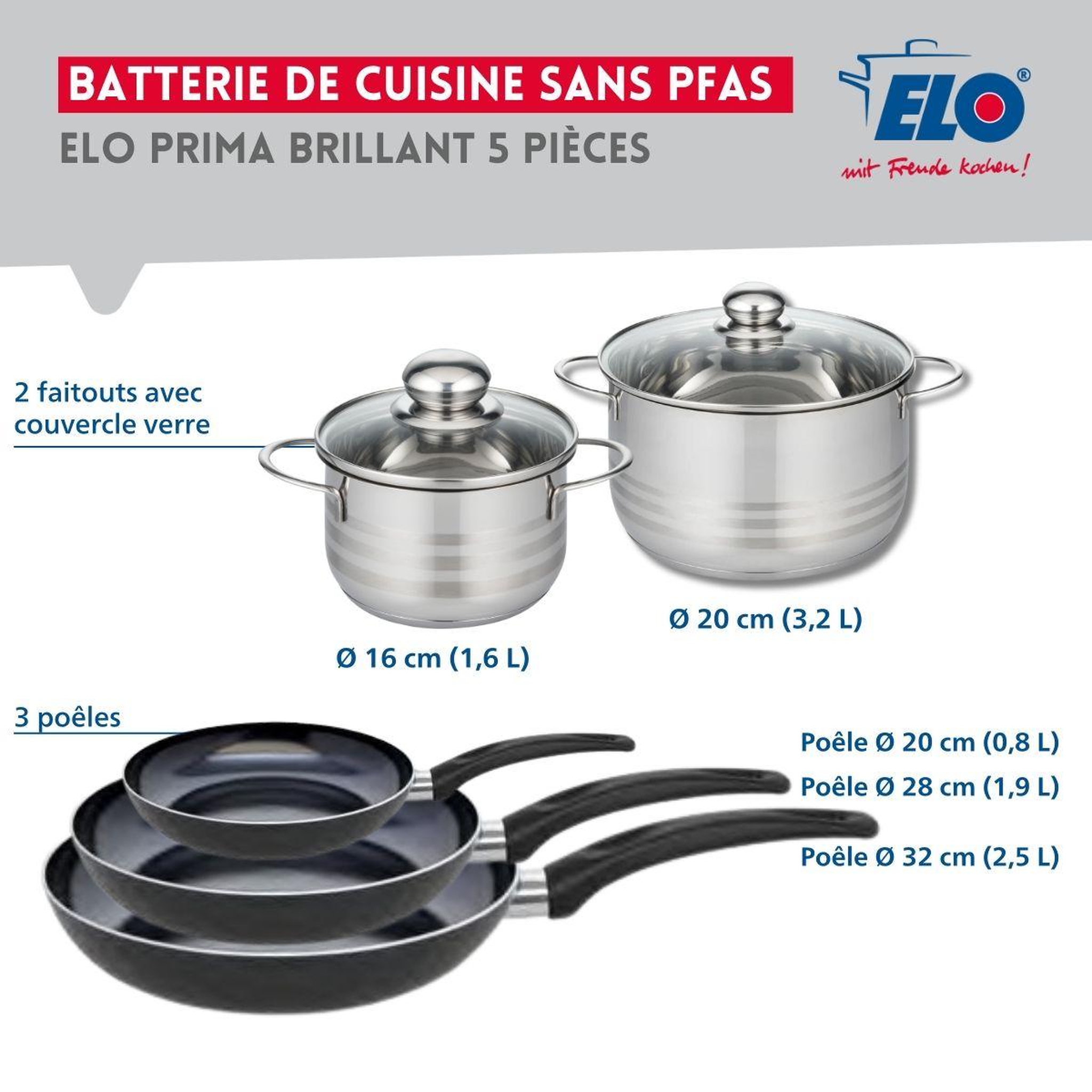 Voir la diapositive 2 : ELO Ensemble de 3 poêles de cuisson 20, 28 et 32 cm et 2 faitouts 16 et 20 cm elo prima brillant