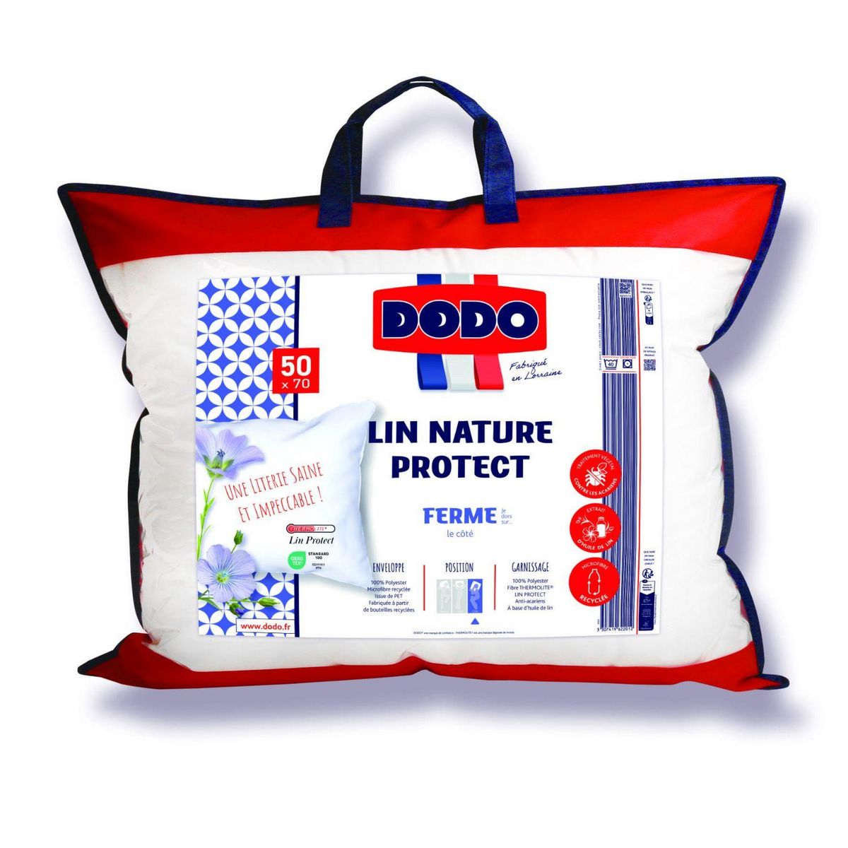 DODO Oreiller confort ferme en polyester anti acariens a base d'huile de lin LIN NATURE PROTECT