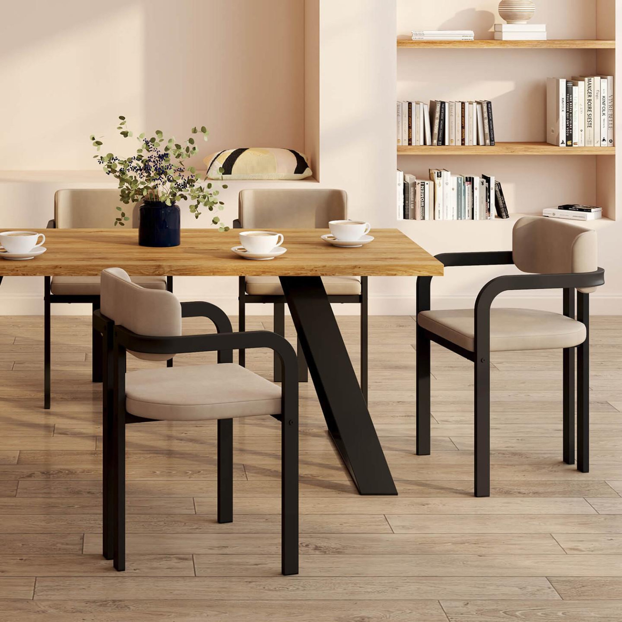 Voir la diapositive 2 : ID MARKET Lot de 4 chaises de salle à manger, fauteuils de table esma en métal noir et velours taupe avec accoudoirs