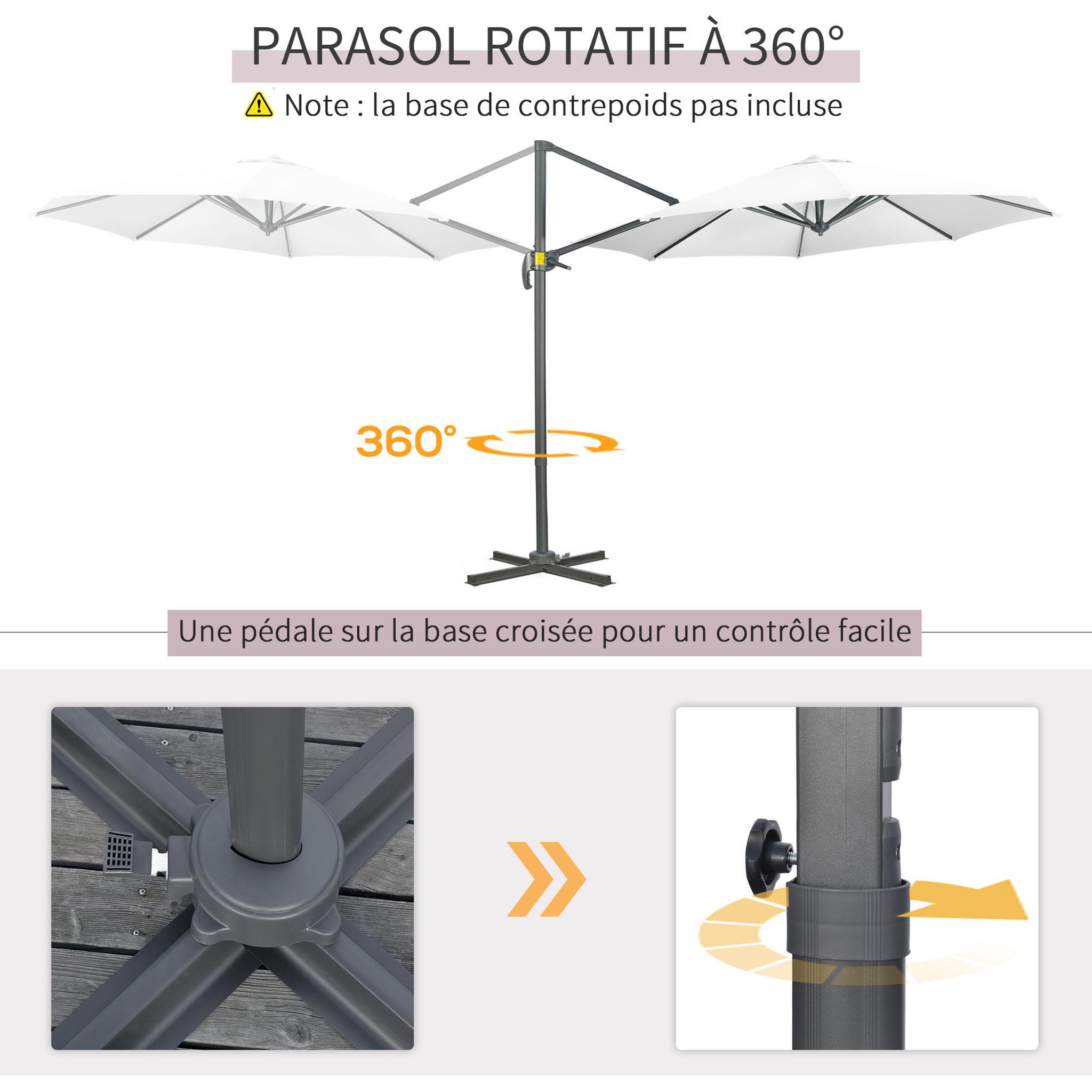 Voir la diapositive 4 : OUTSUNNY Parasol déporté octogonal inclinable manivelle avec pied en acier Ø 2,94 x 2,48H m blanc