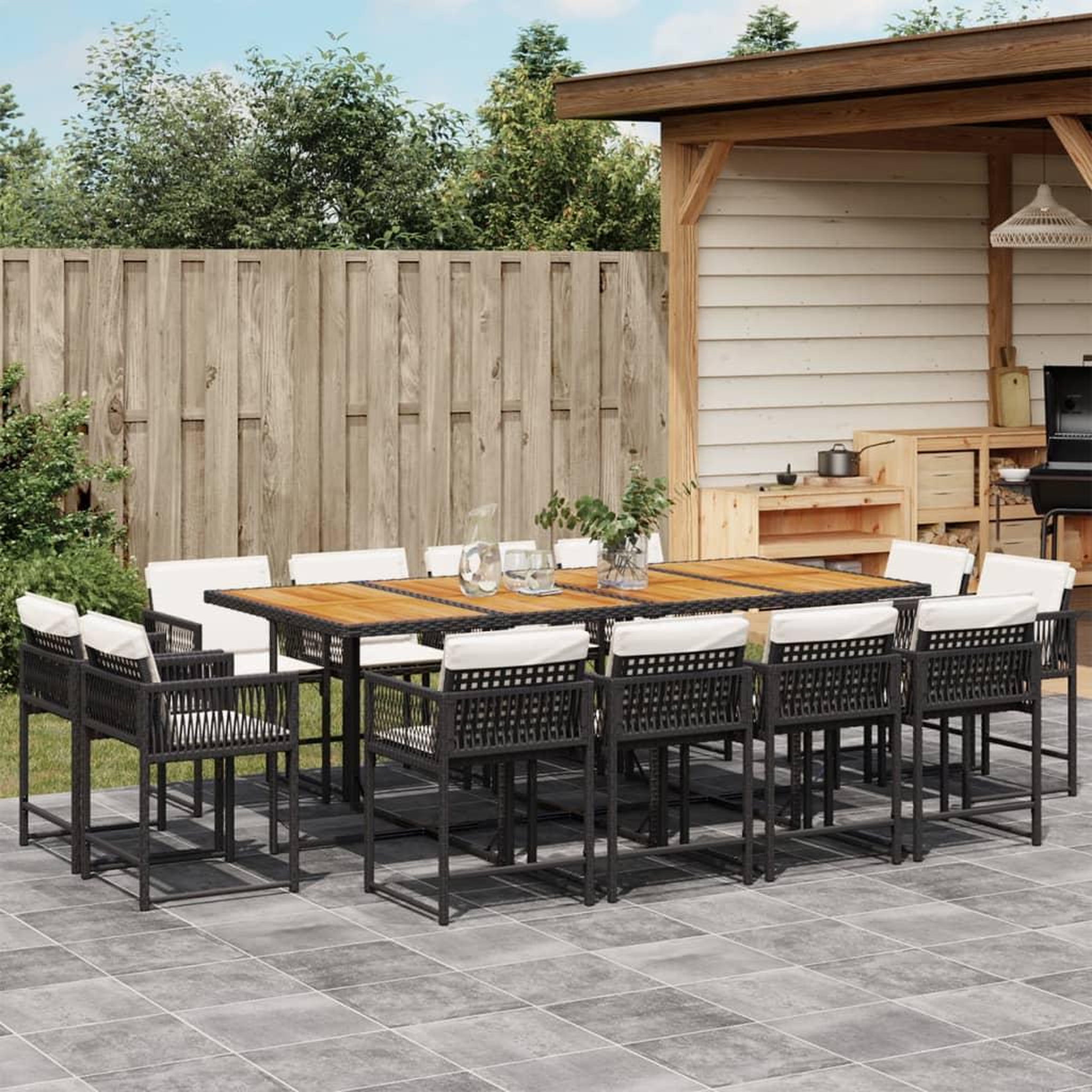 VIDAXL Ensemble a manger de jardin 13 pcs coussins noir resine tressee