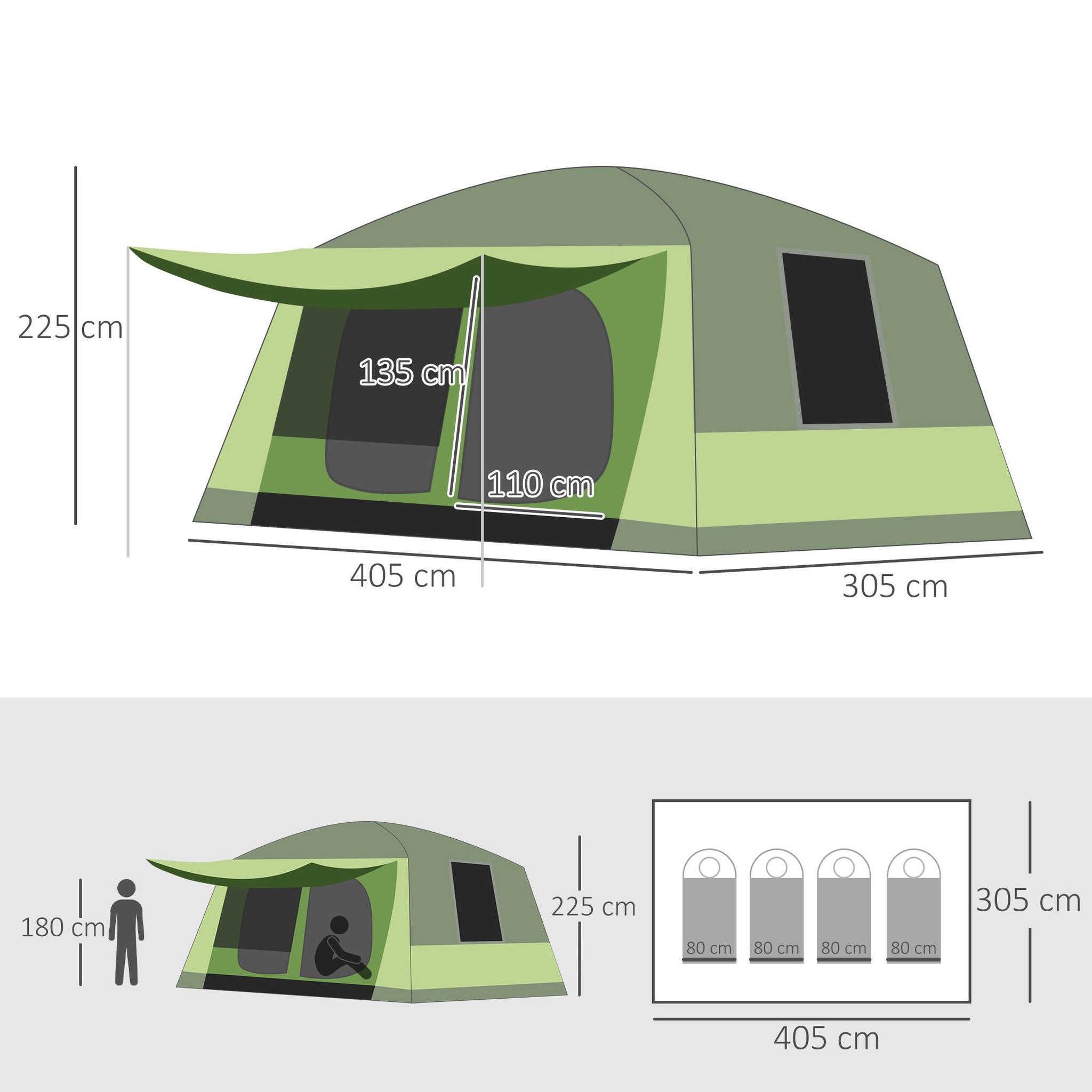 Voir la diapositive 3 : OUTSUNNY Tente de camping familiale avec porche 4 à 8 personnes sac de transport inclus vert