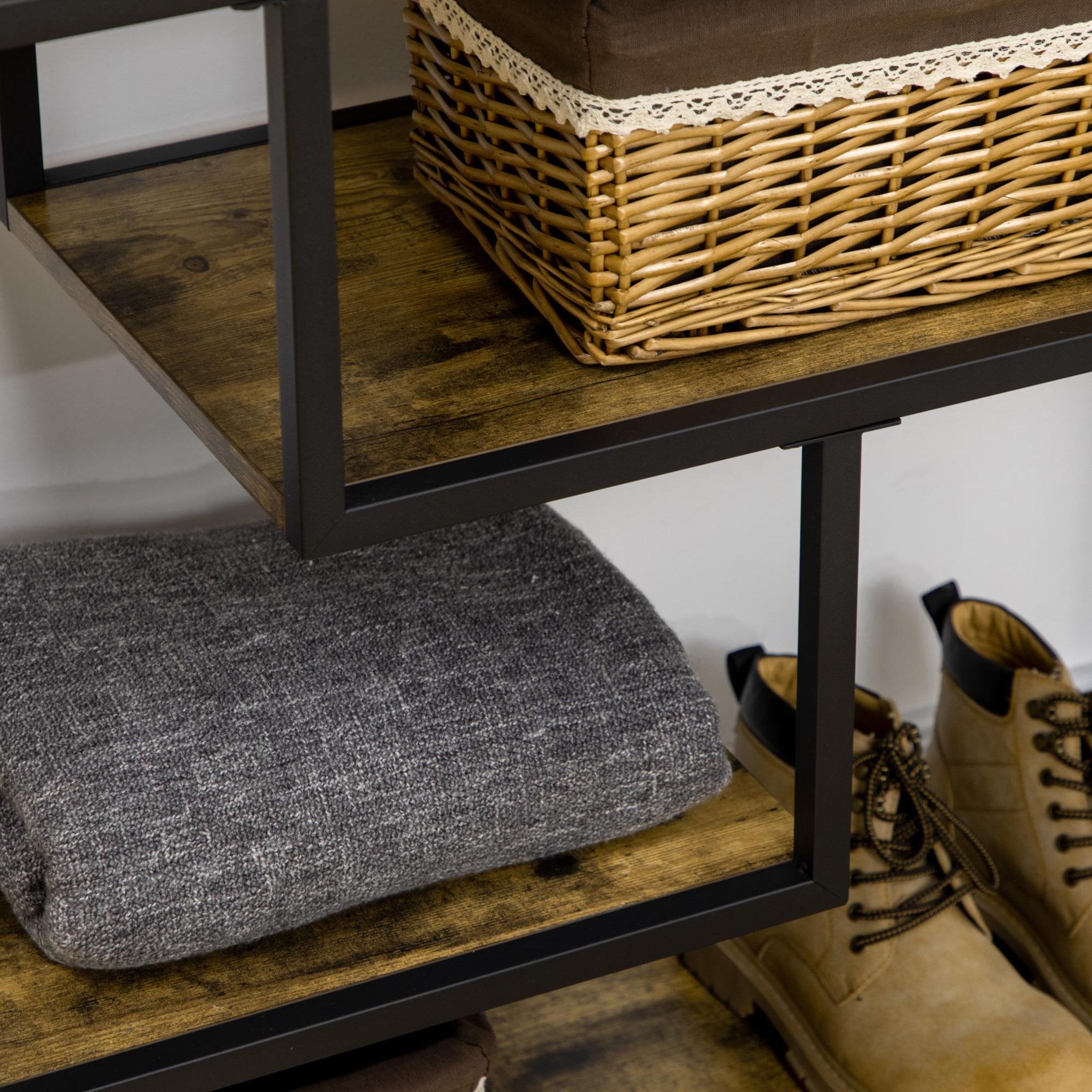 Voir la diapositive 5 : HOMCOM Console design industriel 4 étagères acier noir panneaux aspect bois vieilli