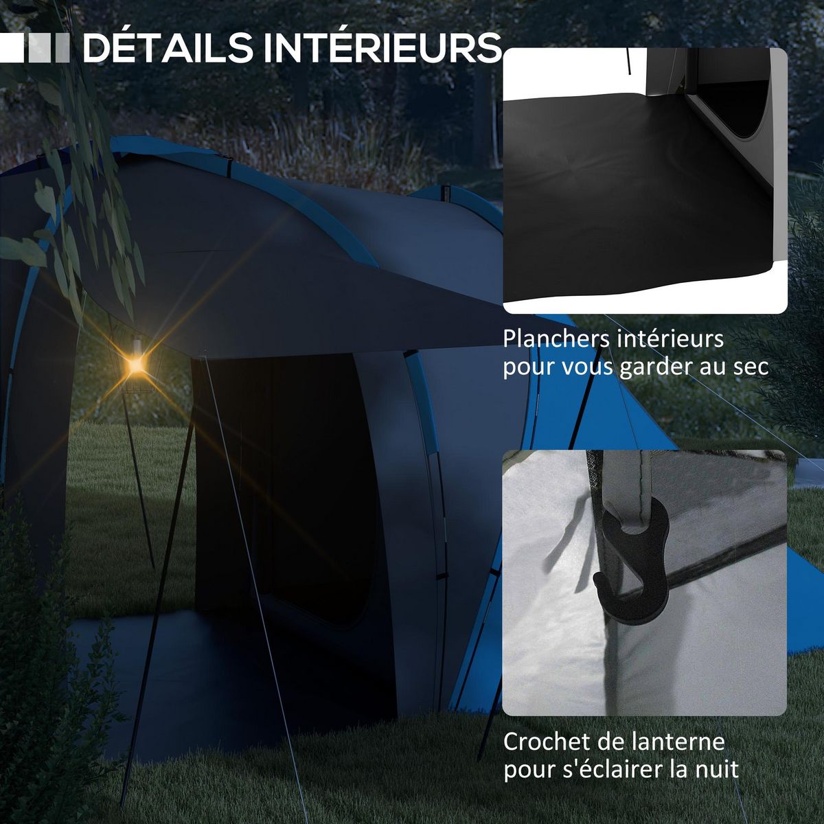 OUTSUNNY Tente de camping familiale 4-6 pers. - tente tunnel 2 grandes portes sac inclus - fibre verre polyester gris bleu