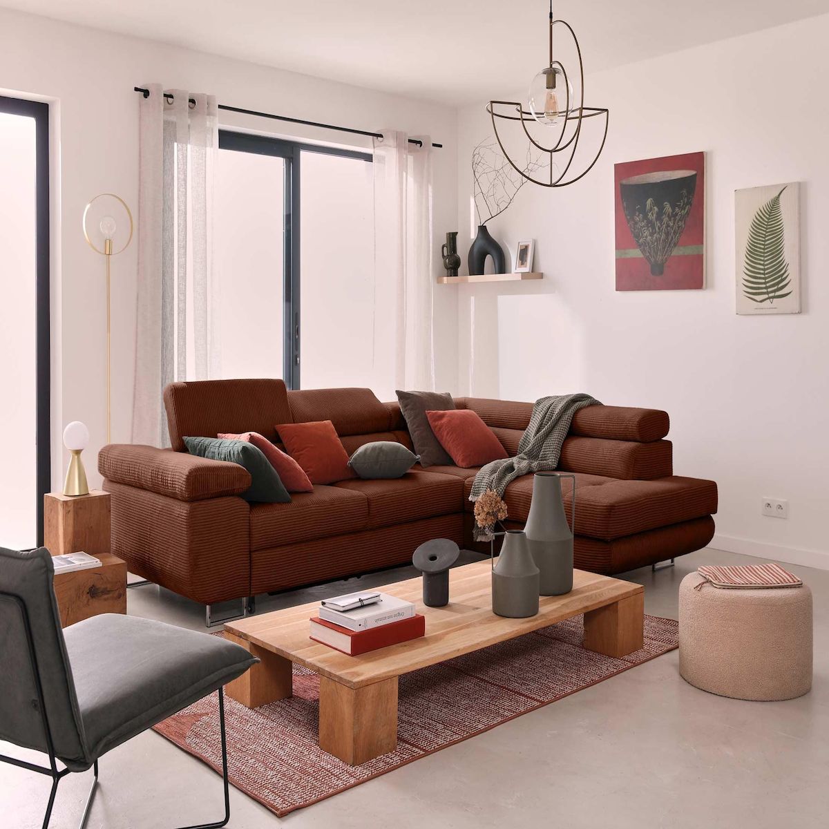 BEST MOBILIER Zaria - canapé d'angle droit - convertible avec coffre et têtières réglables - 5 places - en velours côtelé