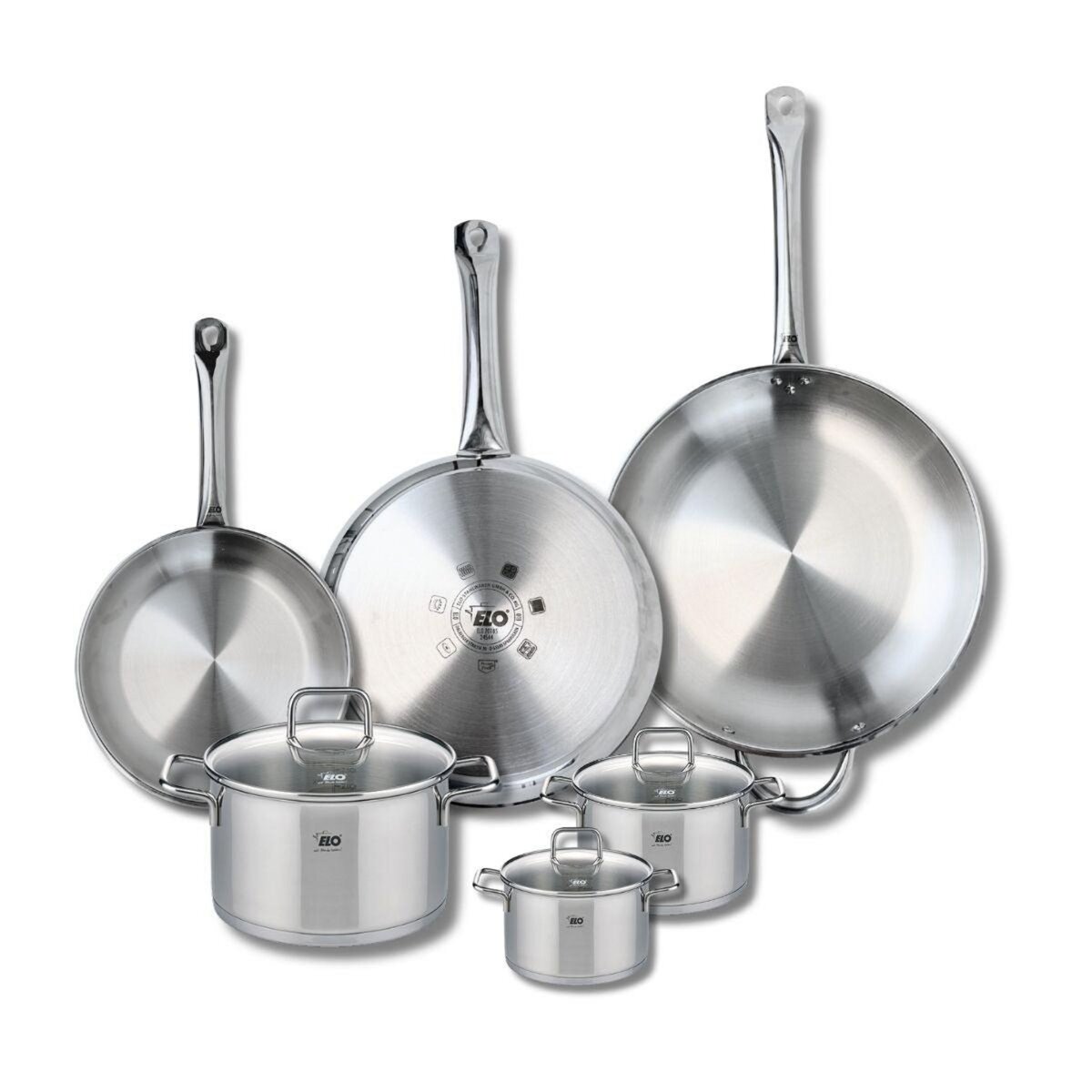 ELO Ensemble de 3 Poêles de cuisson 24, 28 et 32 cm et 3 faitouts 12, 14 et 20 cm Elo Profi Citrin