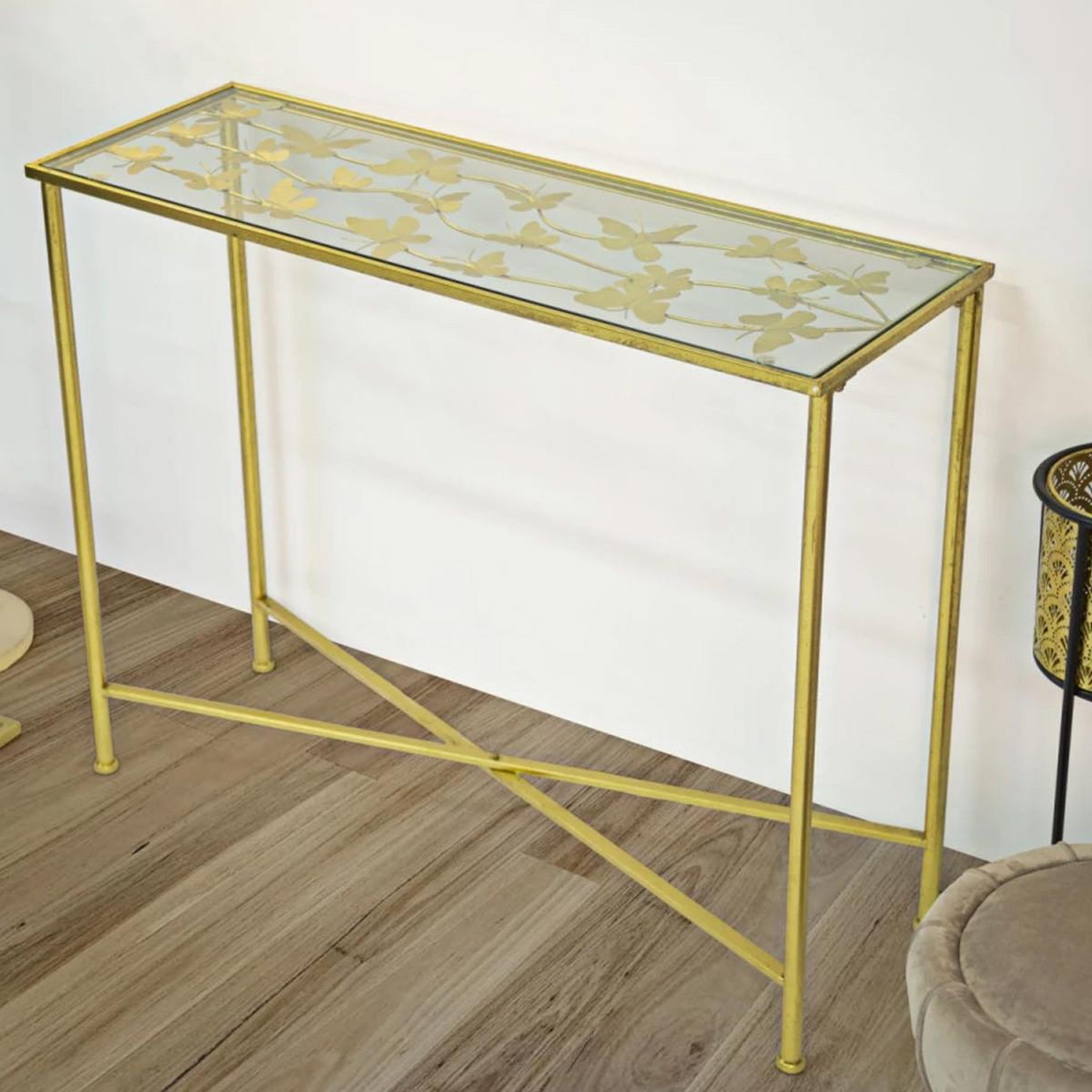 Voir la diapositive 6 : Paris Prix Console design en métal  butterfly  100cm or