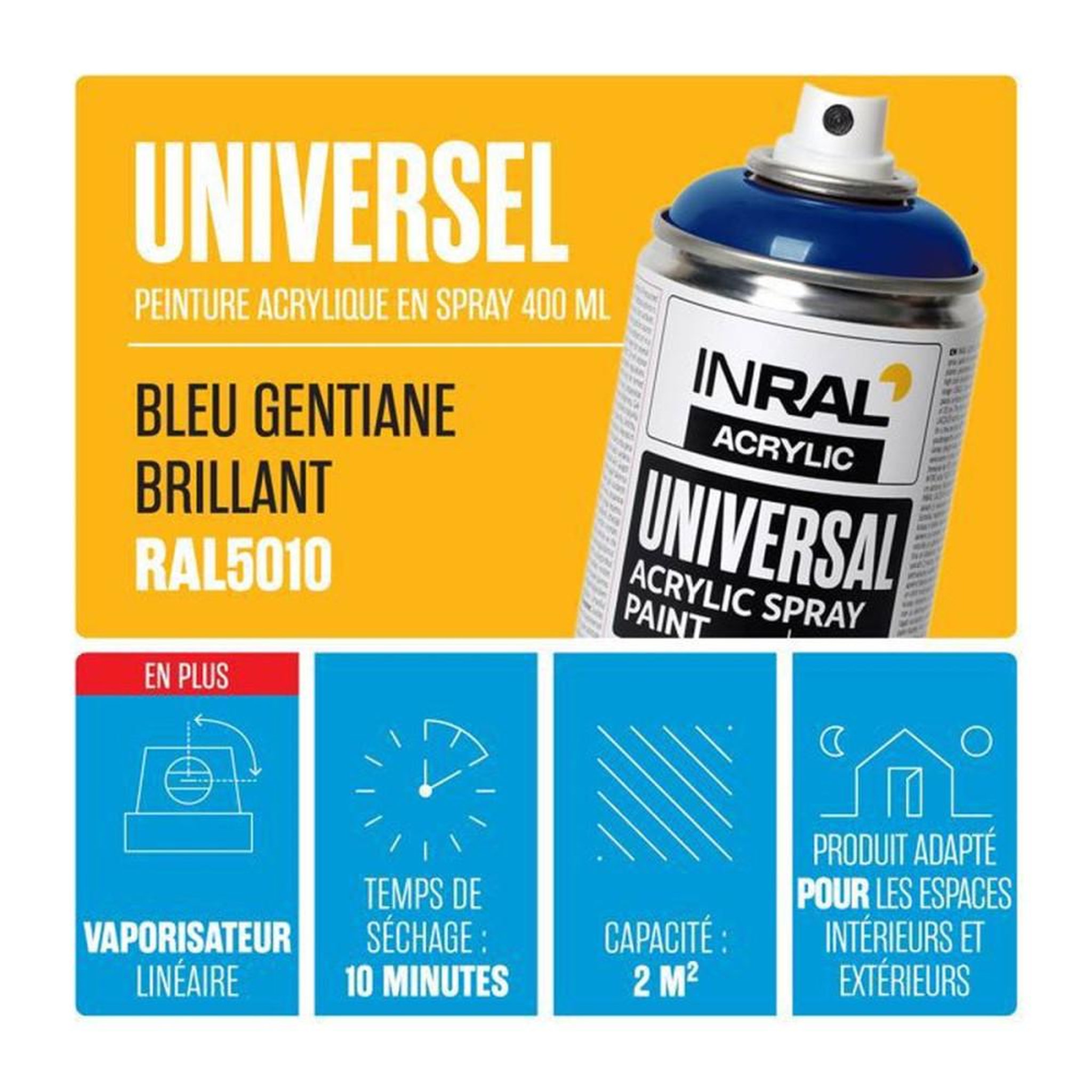 Voir la diapositive 2 : Peinture en aérosol acrylique universelle RAL 5010 bleu gentiane brillant, 400 ml