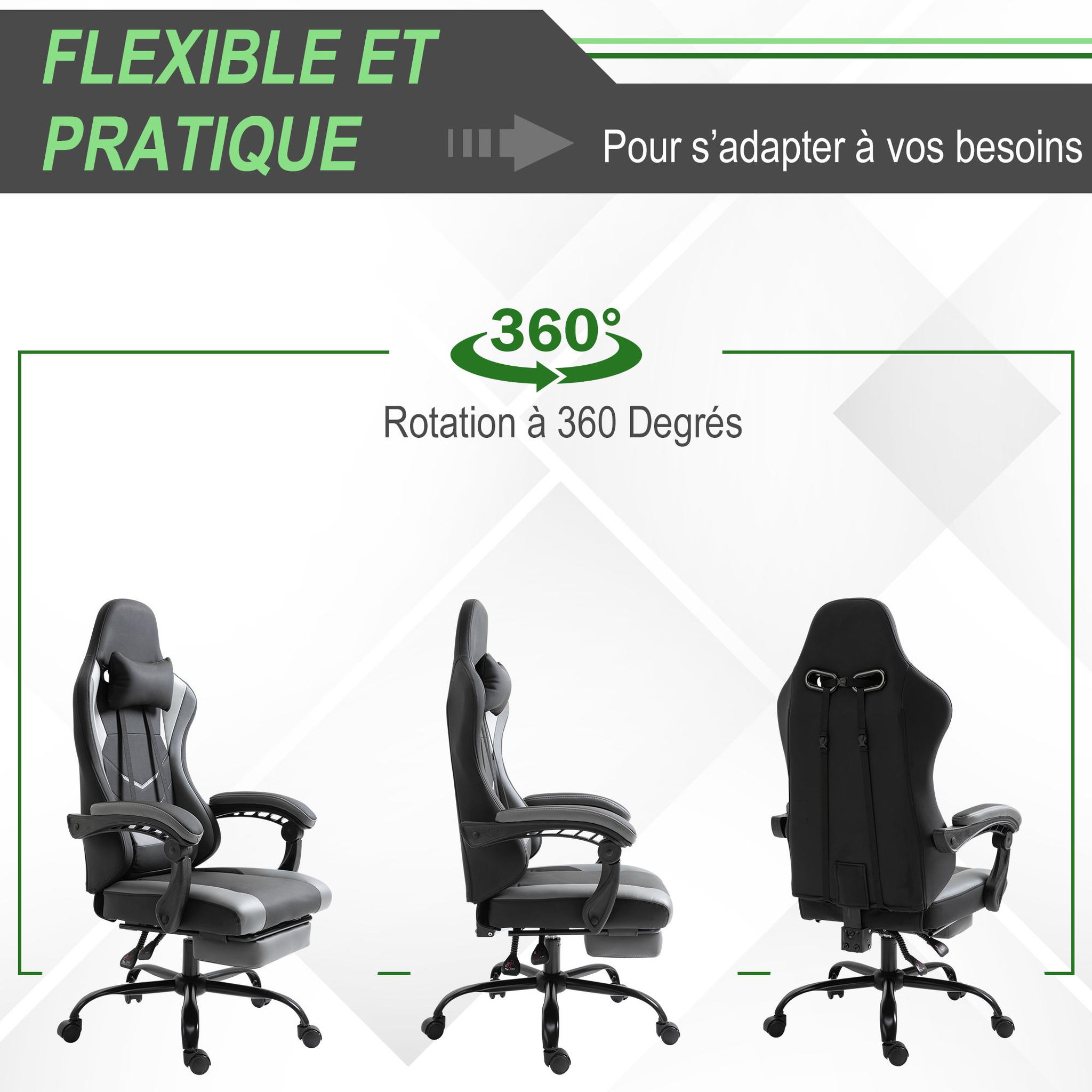Voir la diapositive 6 : VINSETTO Vinsetto Fauteuil de bureau gamer style baquet racing - pivotant, inclinable - coussin lombaire, tétière, repose-pieds inclus - revêtement synthétique gris noir