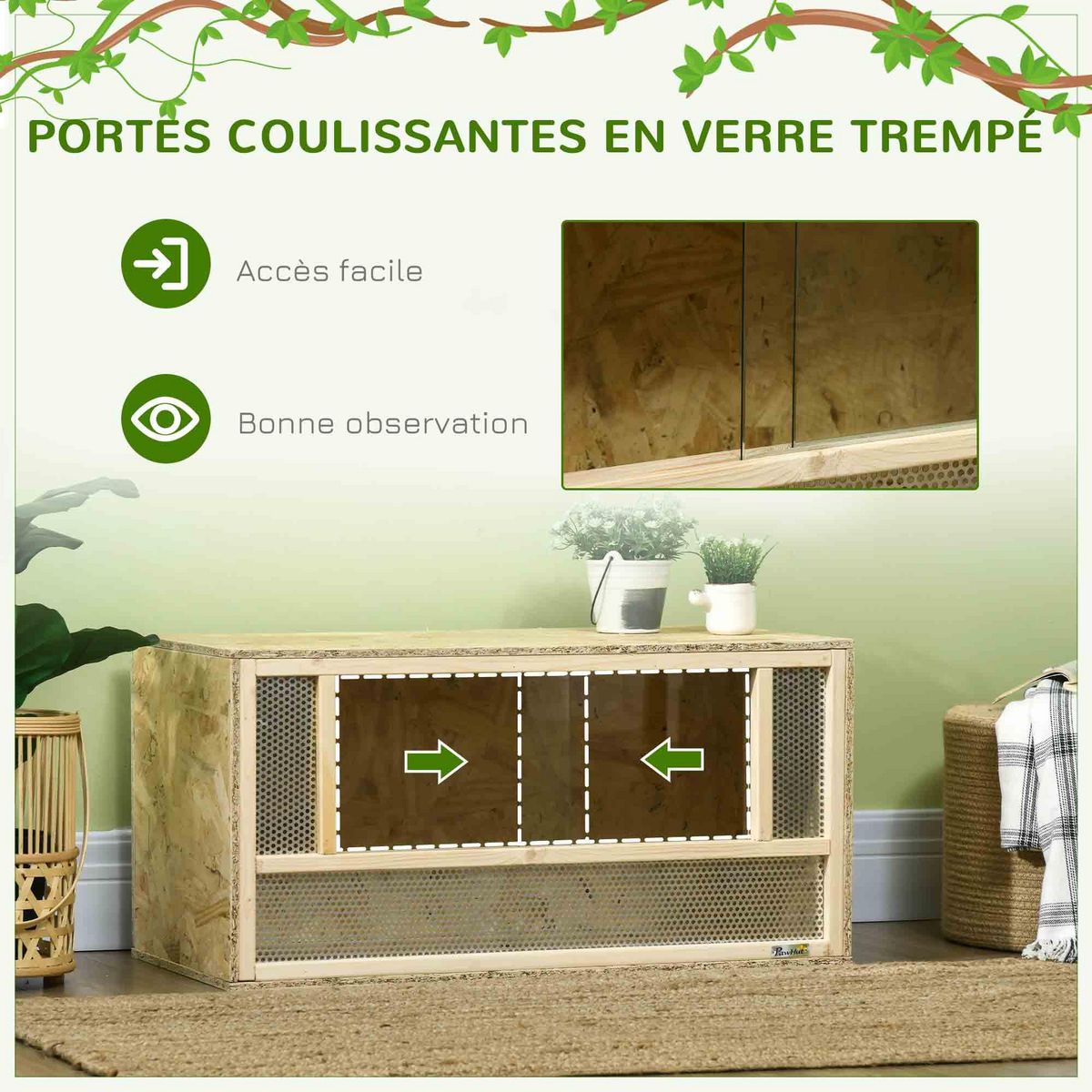 PAWHUT Terrarium - vivarium reptiles - 2 portes coulissantes verre trempé - parois maillées frontales - métal OSB
