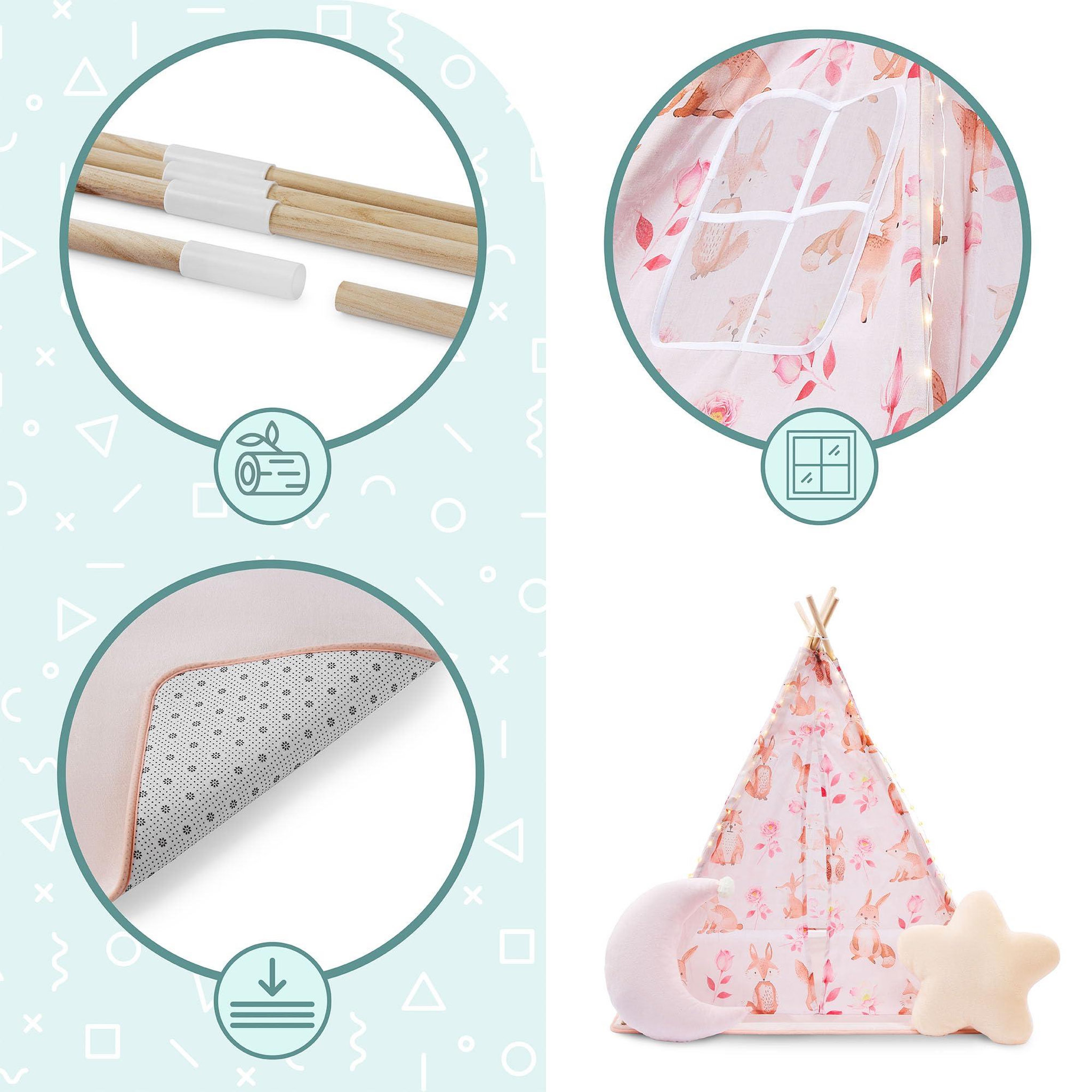Voir la diapositive 3 : HYPERMOTION Tente Tipi Enfant en Bois Pin et Tissu Tapis Antidérapant LED 100x100cm Rose