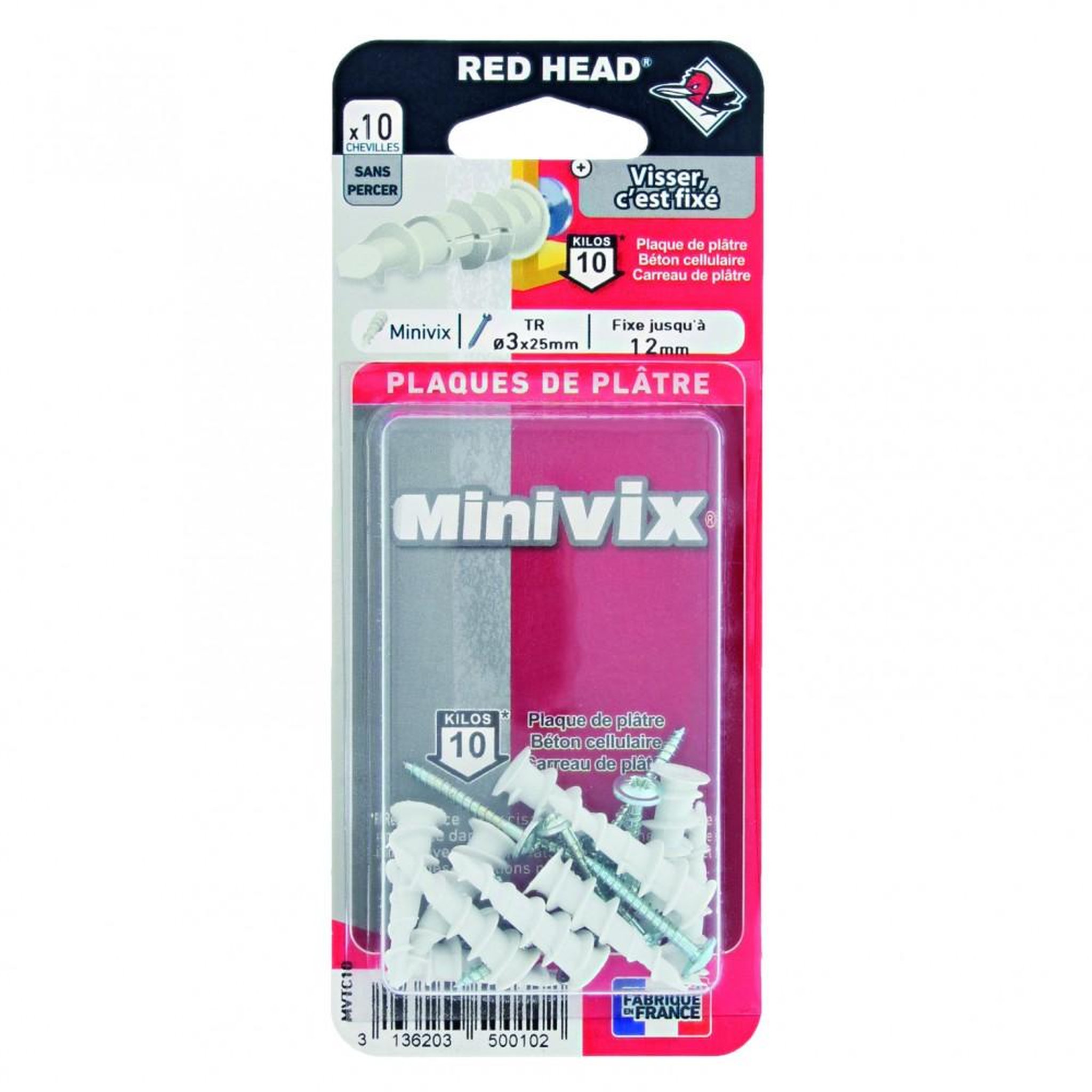 RED HEAD Lot de 10 chevilles et vis à visser minivix RED HEAD, Diam.5 x L.25 mm