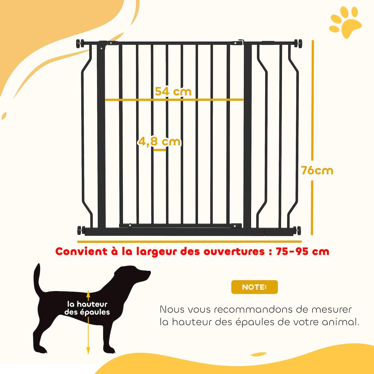 PAWHUT Barrière de sécurité chien réglable 75-95 cm - porte verrouillable - sans perçage - acier ABS noir