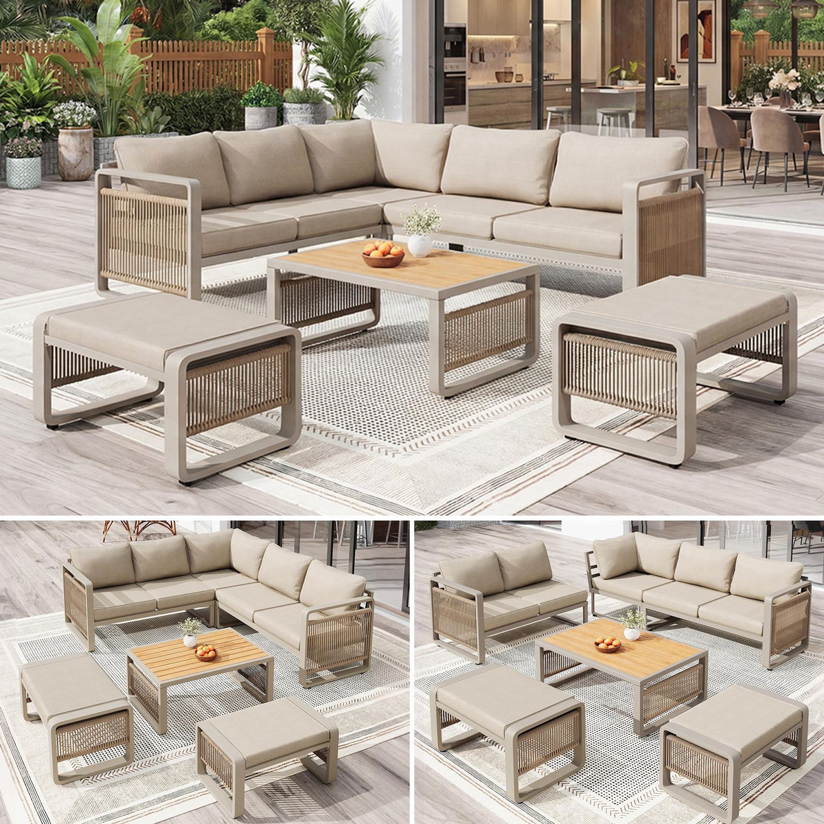 MERAX Salon de jardin 7 places en métal avec canapé d'angle, table basse et 2 repose-pieds